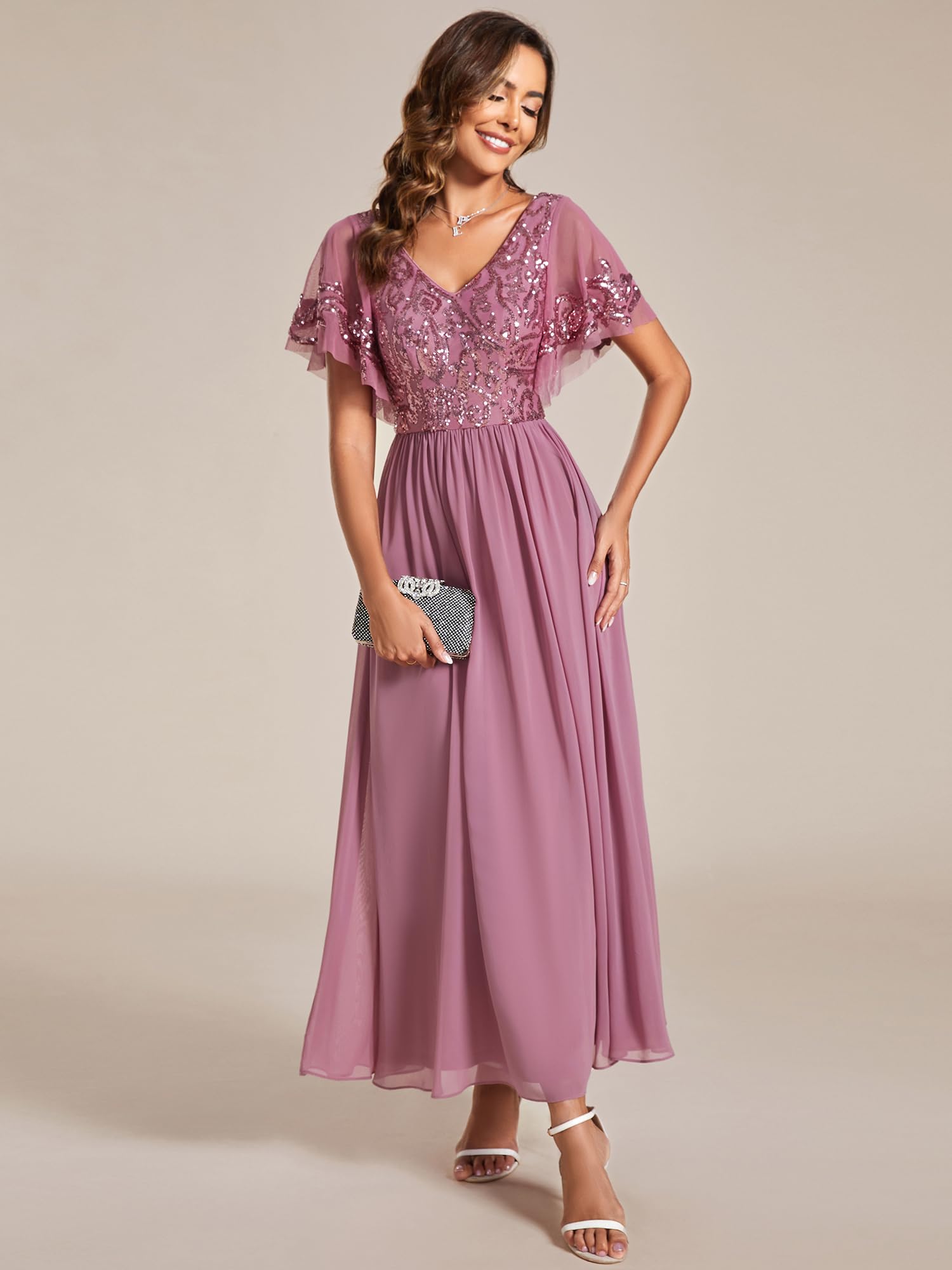 Ever-Pretty Vestito da Sera Mamma Lungo Chiffon Linea ad A Scollo a V Maniche Corte Chic Abito da Cerimonia EM01583