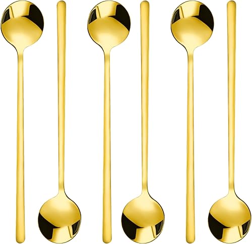 6 cucharas de café pequeñas, cucharaditas pequeñas de oro, cucharas largas para revolver, cucharas de té de acero inoxidable, cucharas redondas de