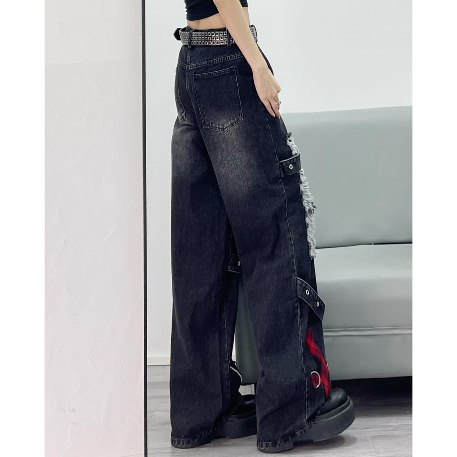 Y2K Ripped Grunge Baggy Jeans Hose Emo Damen Goth Straight Leg Hose High Waist Alt Y2K Hose Kleidung