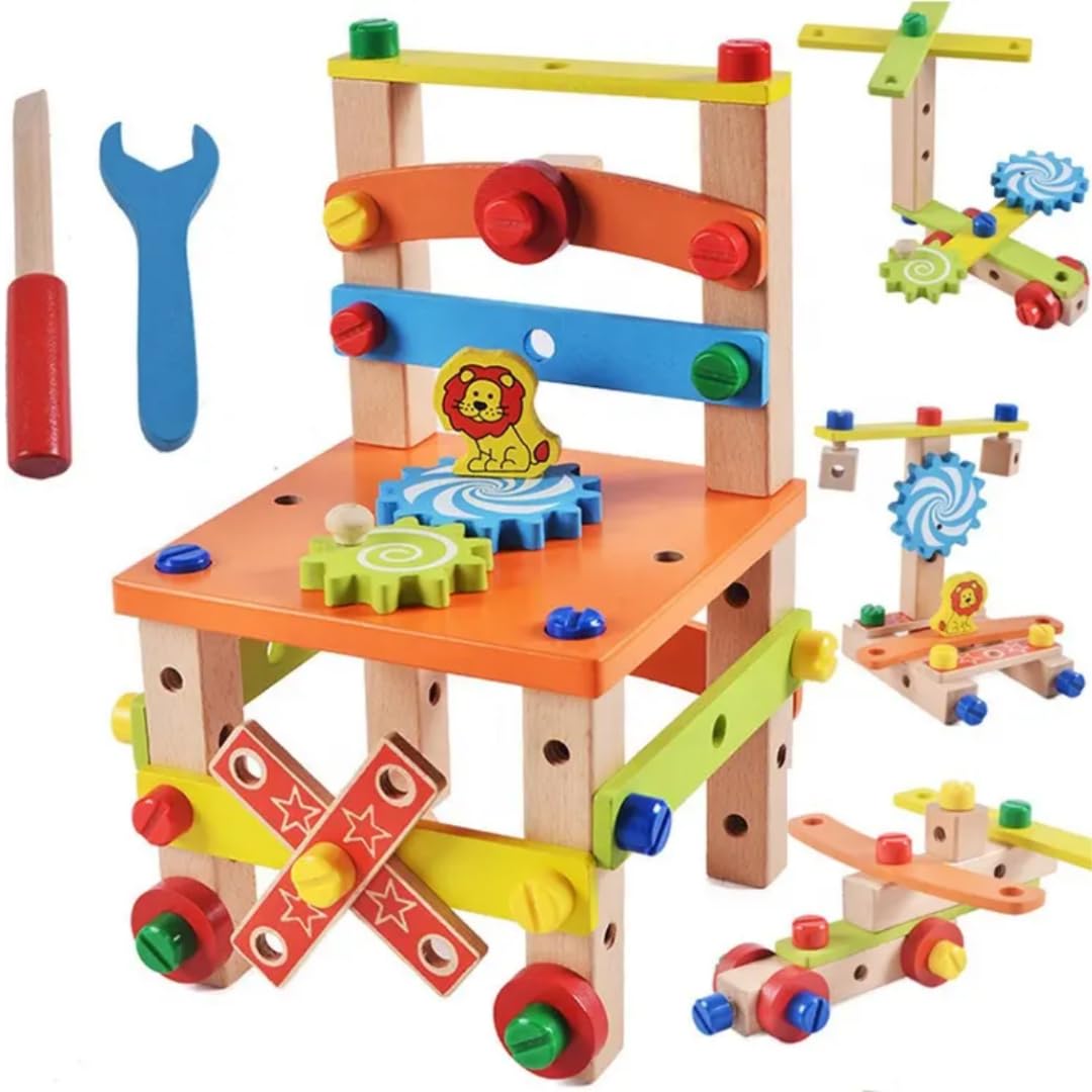 Montessori Wooden Educational Multi-Function Screw Disassembly Nut Combination Assembling Colorful Early Learning Intelligence Development Chair Tool for Kids