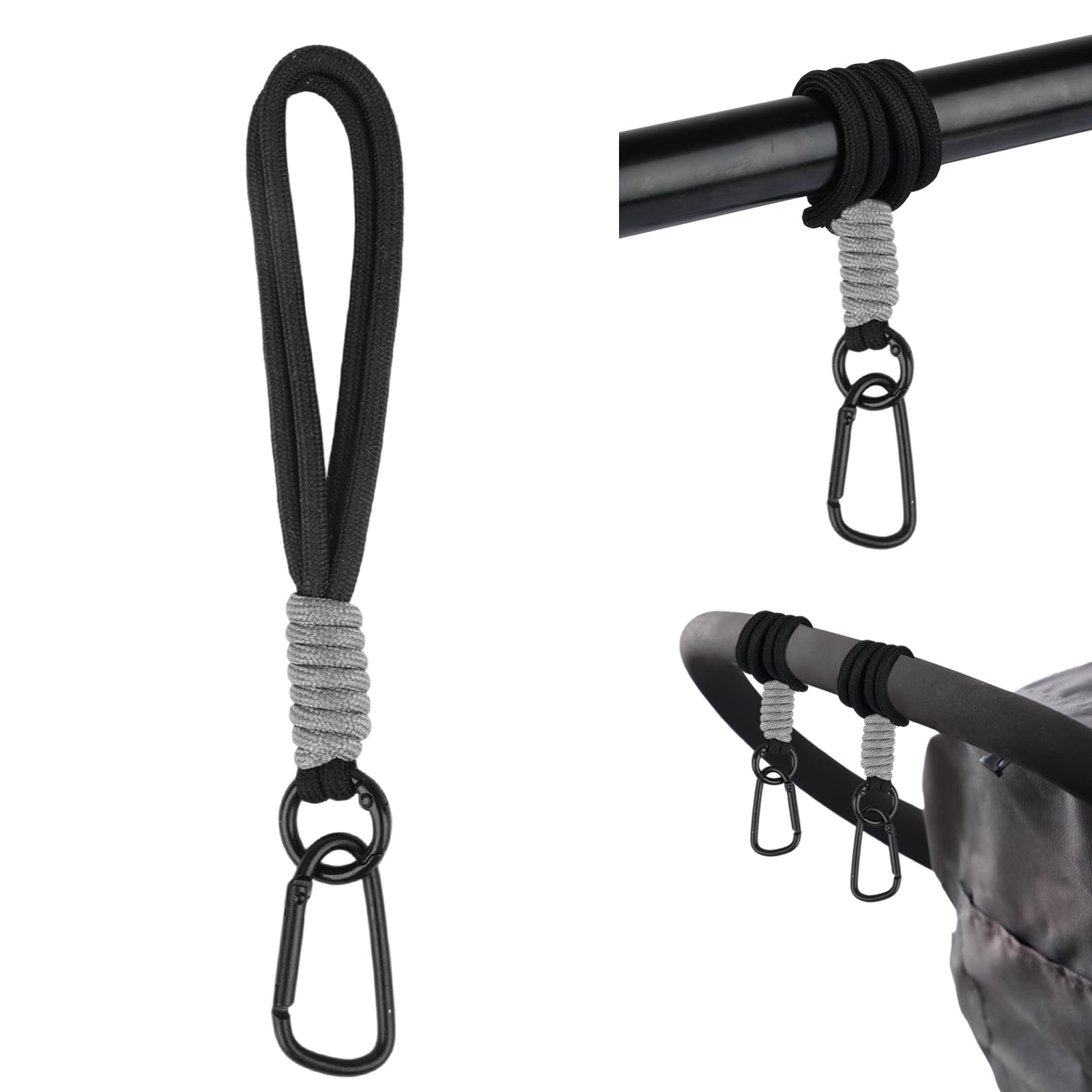 Kinderwagen Haken, 2 Stück Karabinerhaken für Taschen, Einkaufshaken Cord Klammern, Stroller Organizer Zubehör für Wickeltasche Einkaufsnetz Halter(Schwarz)