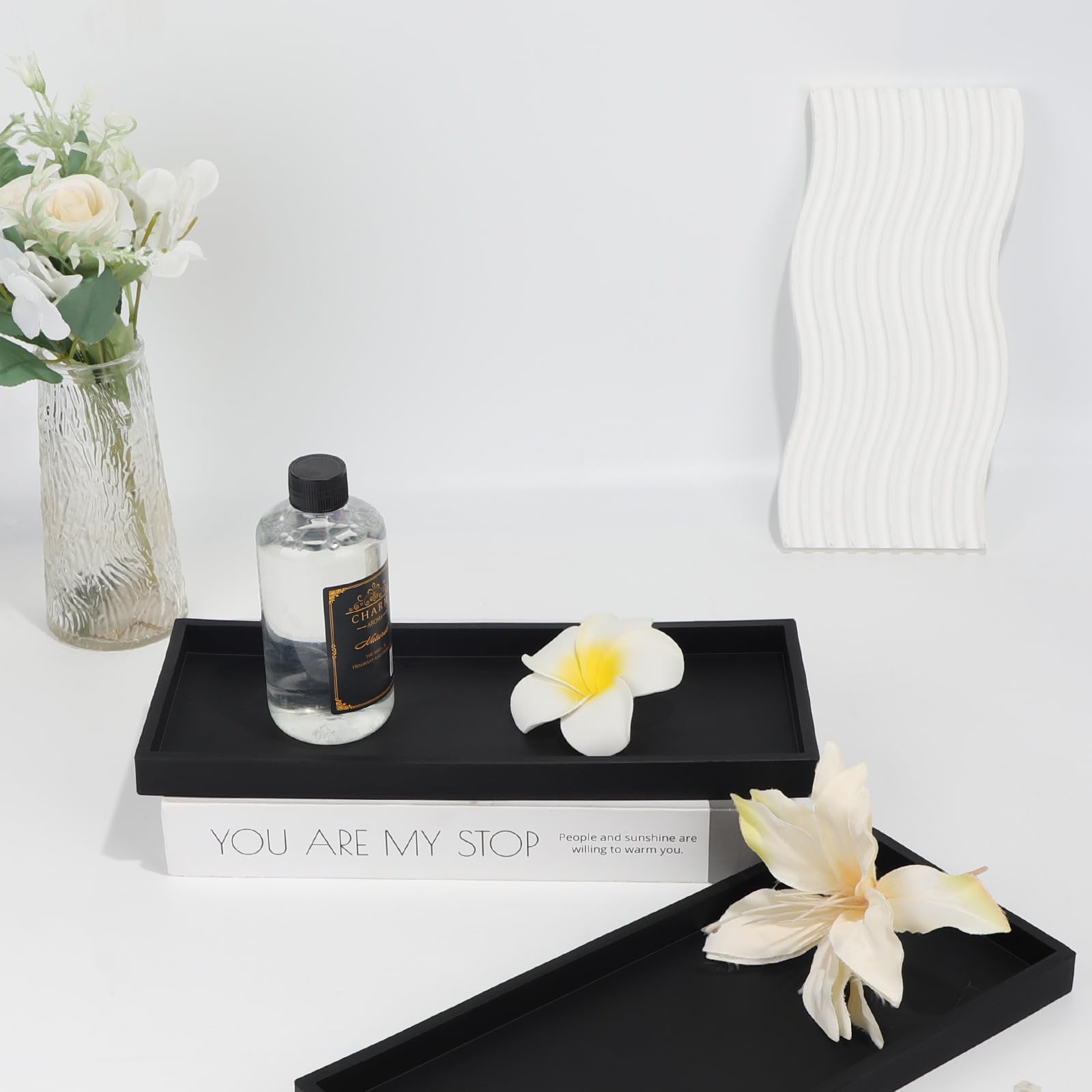 EXELCO 2er 30cm Silicona Bandejas Decorativas Bandeja Baño Negra Bandeja Decorativa Antideslizante Bandejas Bañera Decoracion Baño Bandeja Almacenamiento Baño Rectangular Bandejas para Tocador Toalla