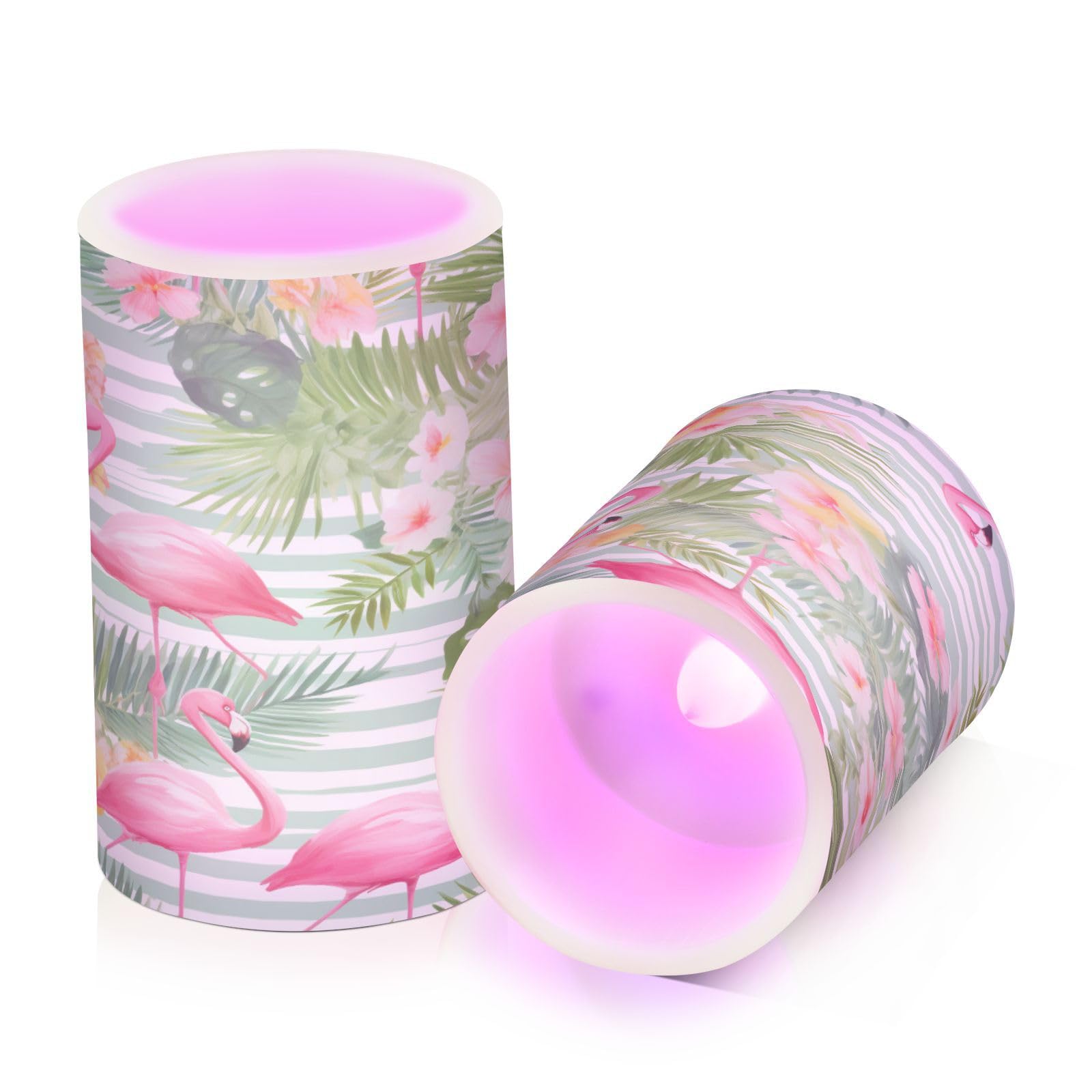 ALAZA Pink Flamingo Flowers07 Flickering Flameless Candles Battery Operated with Remote Timer,Tea Light Candles LED Pillar Votive Candles Set of 2 for Outdoor Indoor Decorations
