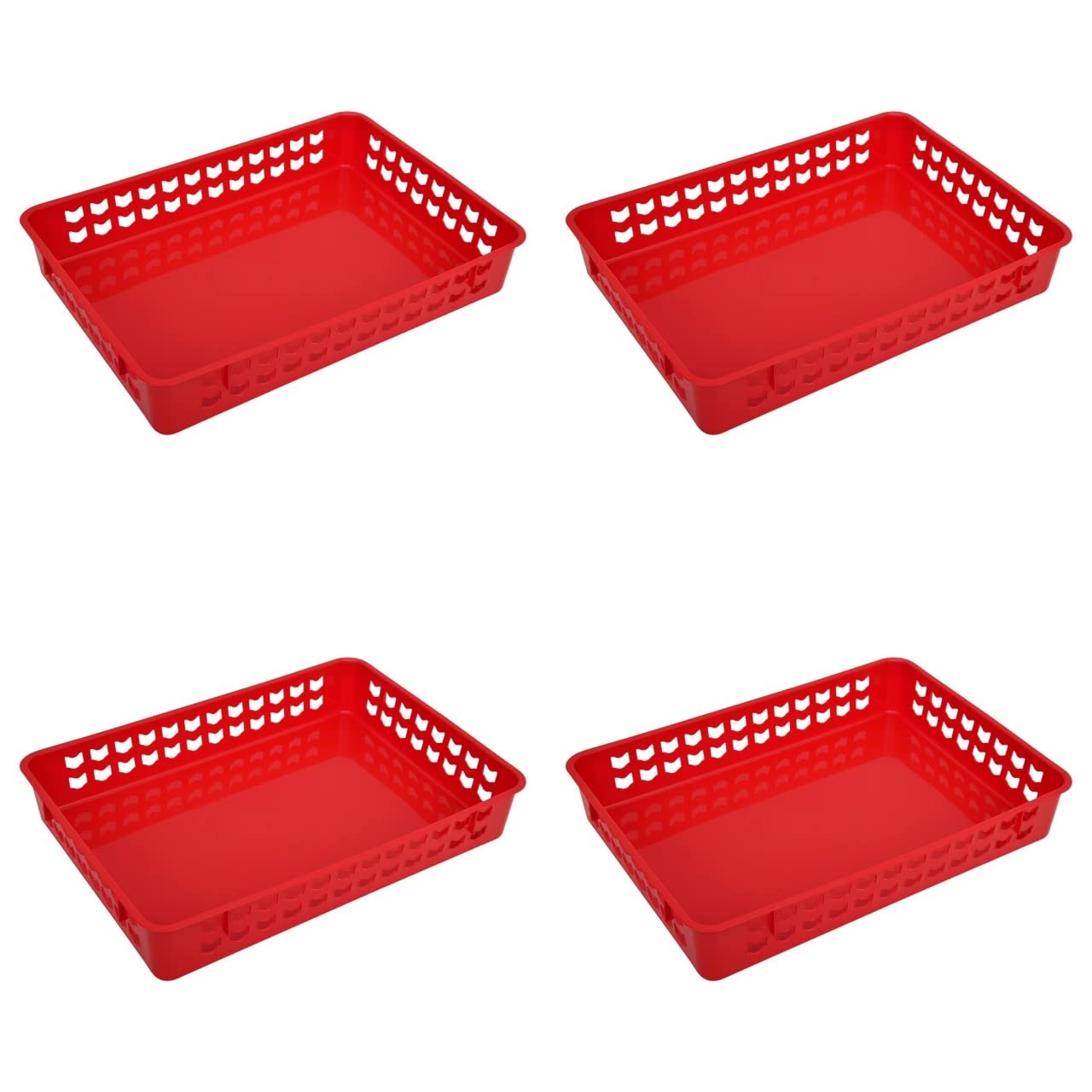 FenixDepot 4 Storage Organizing Multipurpose Plastic Tray Baskets for Home & Office Use 35x25 cm - Set of 4 (Red)