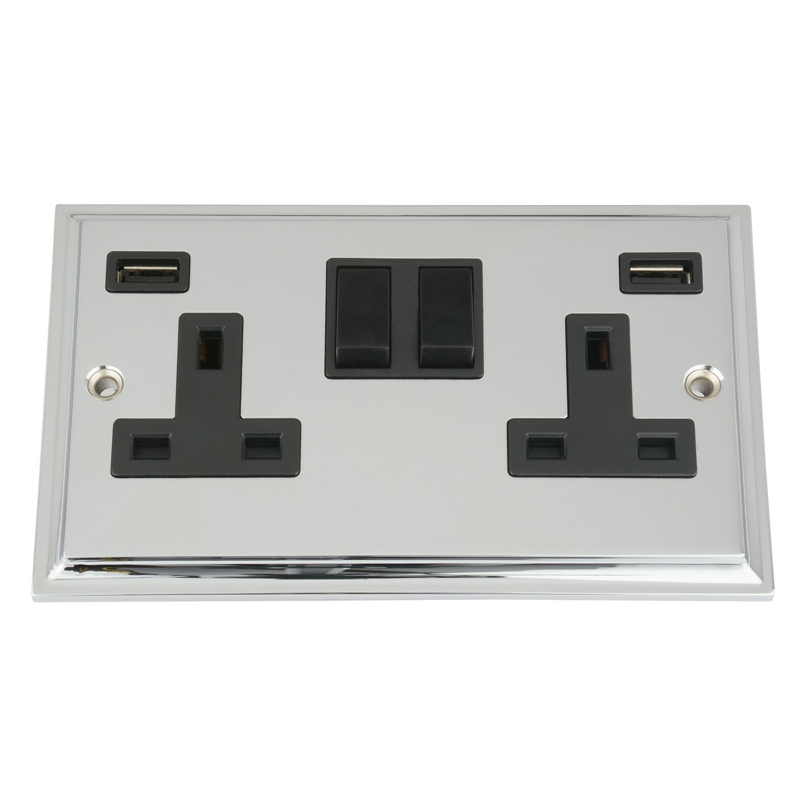USB Socket 2 Gang - Polished Chrome - Victorian - Black Insert Plastic Rocker Switch - 13A Double Wall Plug USB Socket 3