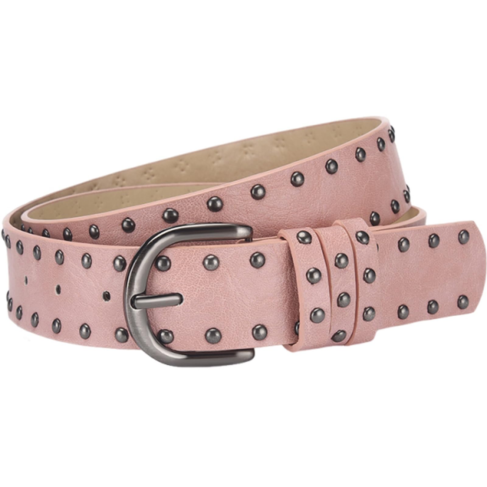 AGUTALITHIC Punk-Rock Studded Belt for Women,Western 2 Row Round Rivet Gothic PU-Leather Strap 33mm for Jeans & Pants Outfits(105cm/41, Pink)