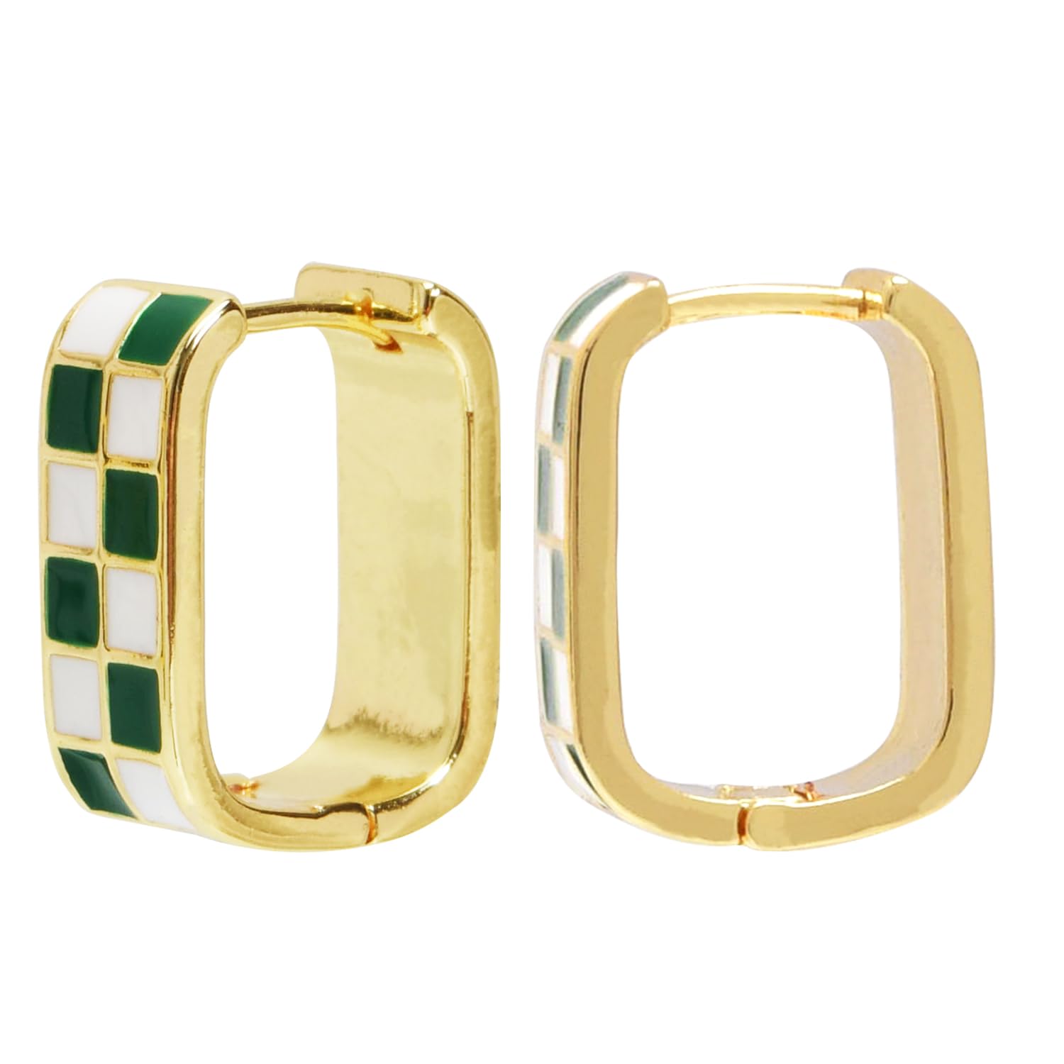 Dainty Checkered Hoop Earrings Set,18K Gold Filled Enamel Oval Hoop Earrings,For Women Checker Chunky Oval Hoop Earrings,Hypoallergenic Earrings