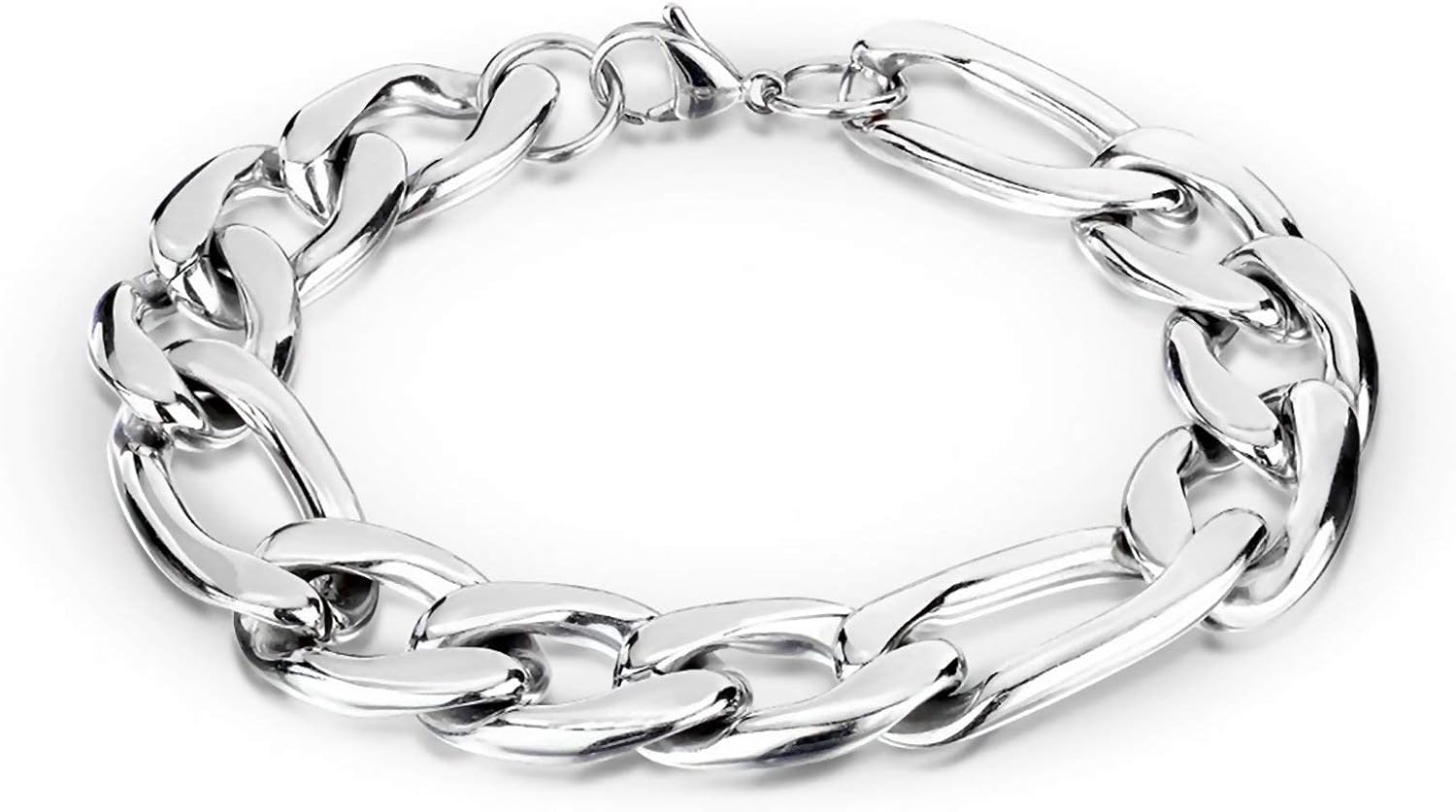 Fantasy Forge Jewelry Large 15mm Figaro Chain Bracelet Mens Silver Stainless Steel Rocker Biker Cuff 8 inch