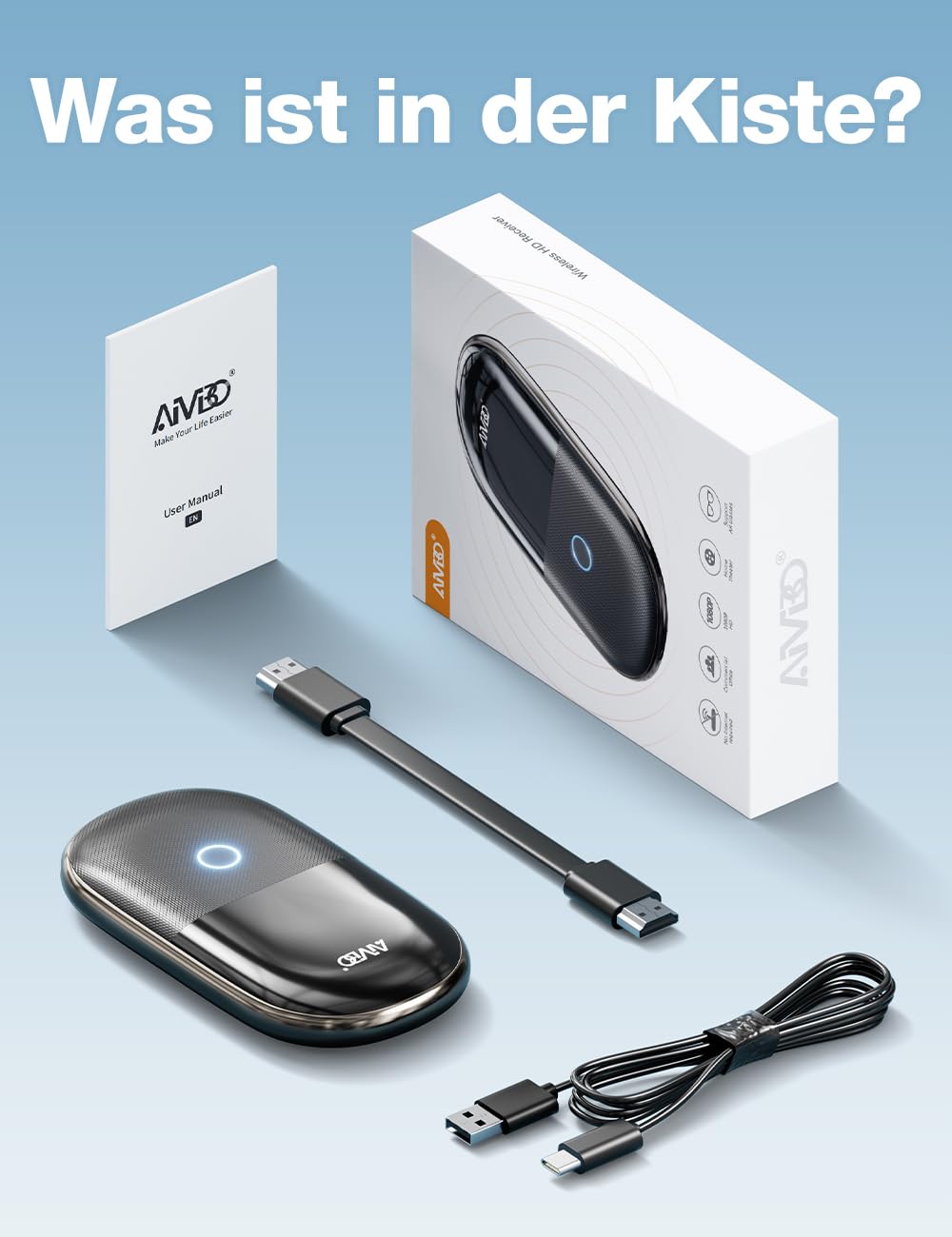 AIMIBO Wireless HDMI AirPlay Adapter mit 5000mAh Akku, HDMI & USB-C Ports, 4K Decoding 1080P@60Hz, HDMI Dongle unterstützt AirPlay Miracast DLNA für Smartphone Tablet Laptop zu AR-Brille TV Beamer,30m
