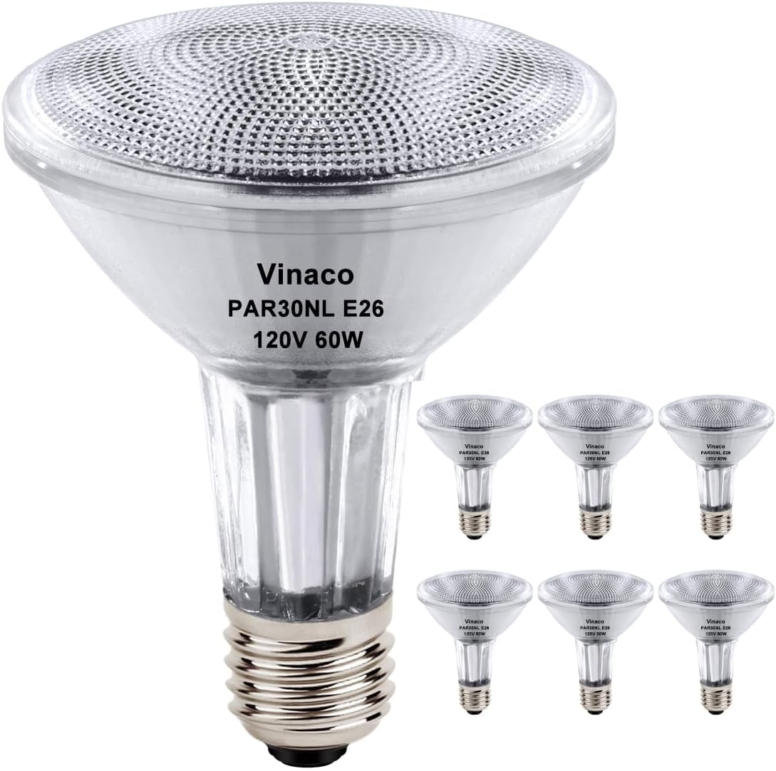 Vinaco PAR30 Long Neck Halogen 60W 120V, Long Lasting 6 Pack PAR30L Flood Light Bulb, PAR30 Dimmable, High Output 1000LM with PAR30 E26 Warm White 2800K Indoor Outdoor PAR30LN 60W - 6 Pack