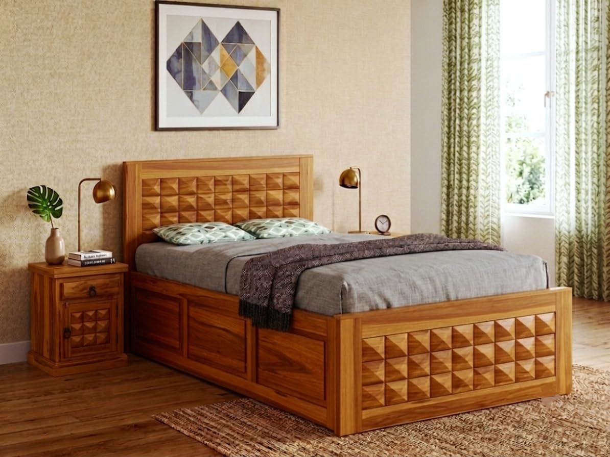 solid sheesham wood single size bed with storage|wooden box single size cot bed with storage box for home,bedroom,hotel,living room|3d diamond hand-carved design headboard|honey finish