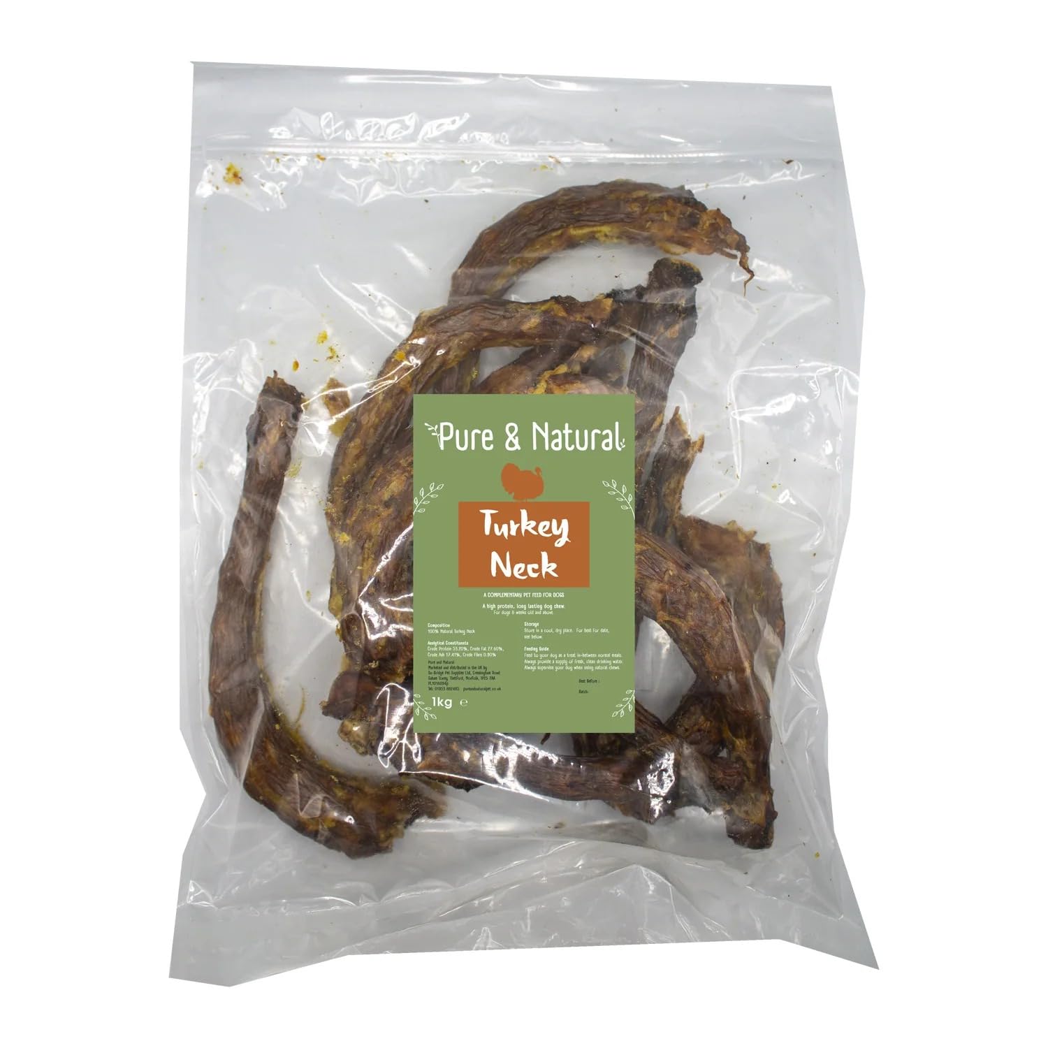 Pure & Natural Dried Turkey Neck Dog Treats - Hypoallergenic Dog Chews, High Protein, Low Fat, All Natural Dog Treats for All ages - 200g Bag