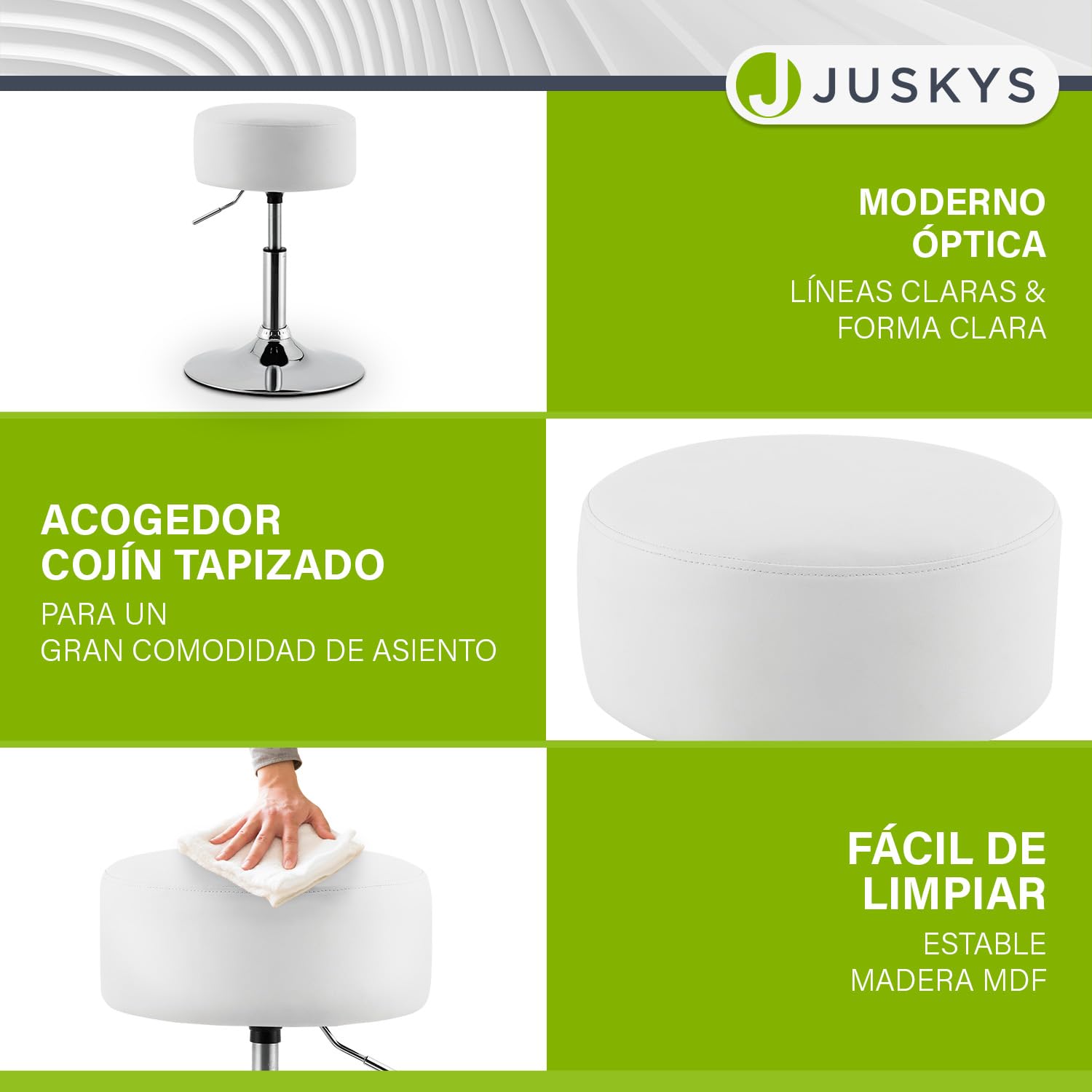 Juskys Taburete Tonia para tocador – Asiento Redondo de 33 cm, Altura Regulable 52–65 cm – Diseño ergonómico Acolchado con Funda de Polipiel Blanca