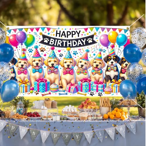 Image of 70.8x43.3 Inch Happy Birthday Dog Puppy Party Banner Paw Print Balloon Bow Tie Backdrop Decor Pet Dog Birthday Party Supplies Photo Background Gift