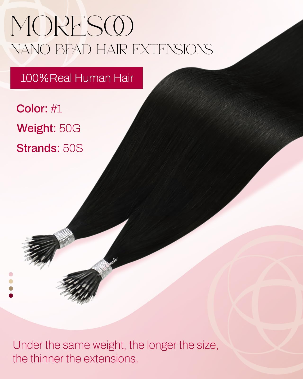 Moresoo Black Nano Hair Extensions Real Human Hair 18 Inch Nano Beads Hair Extensions Remy Straight Hair 1g/s 50g/Pack #1 - Image 2
