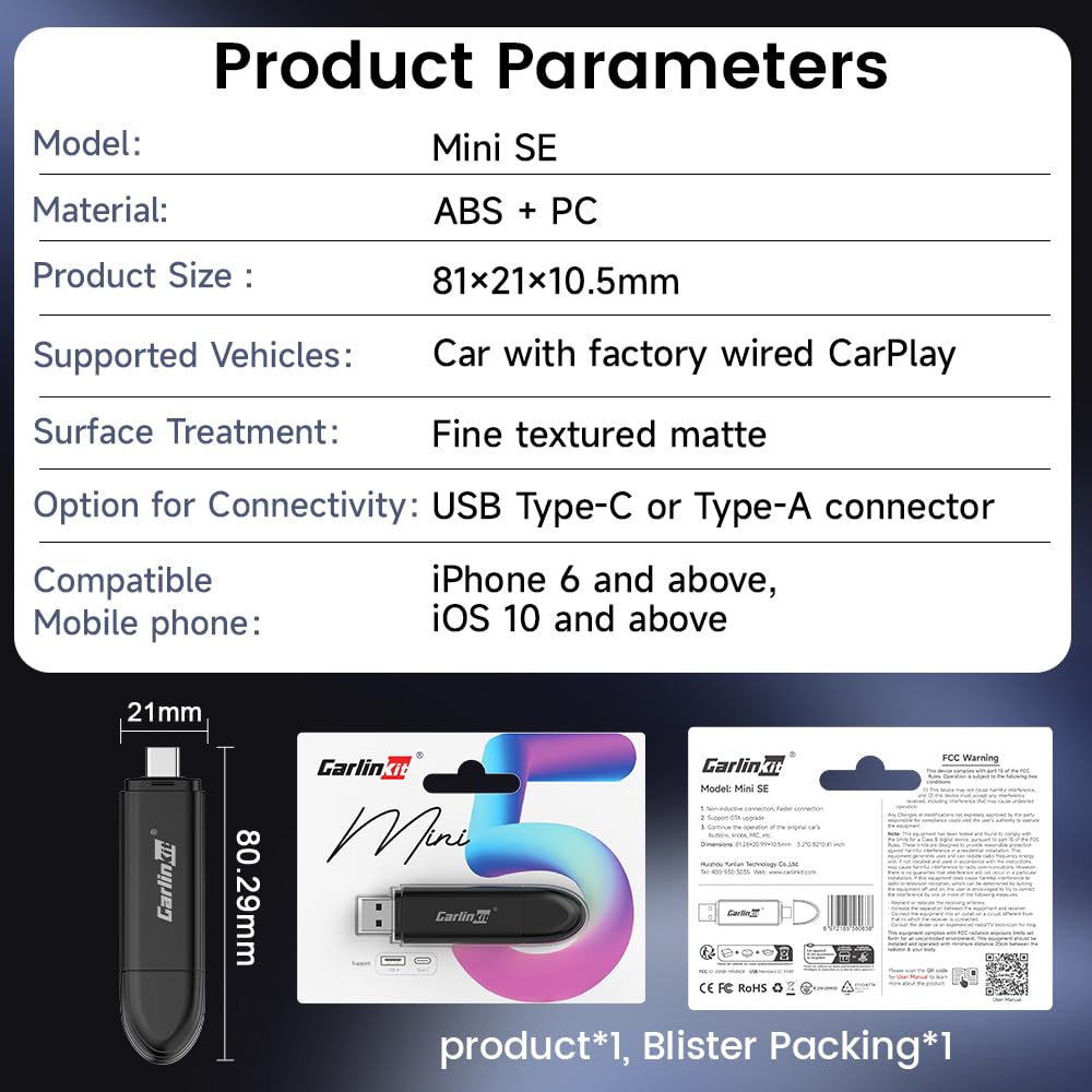Bezprzewodowy adapter Carlinkit Mini SE CarPlay, do samochodów OEM Wired CarPlay (rok produkcji: 2016 do 2025) Plug and Play, obsługa aktualizacji wersji online, Bluetooth 5Ghz WiFi Auto-Connect