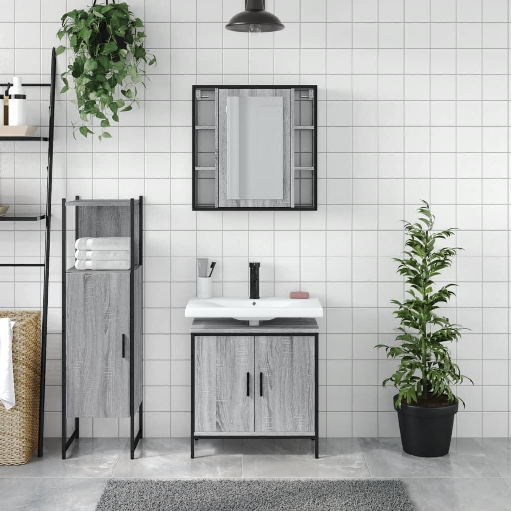 SYDE Set Mueble Baño 3 Piezas Gris Sonoma | Armario con Espejo, Estante Inferior, Acero Resistente, Patas Ajustables
