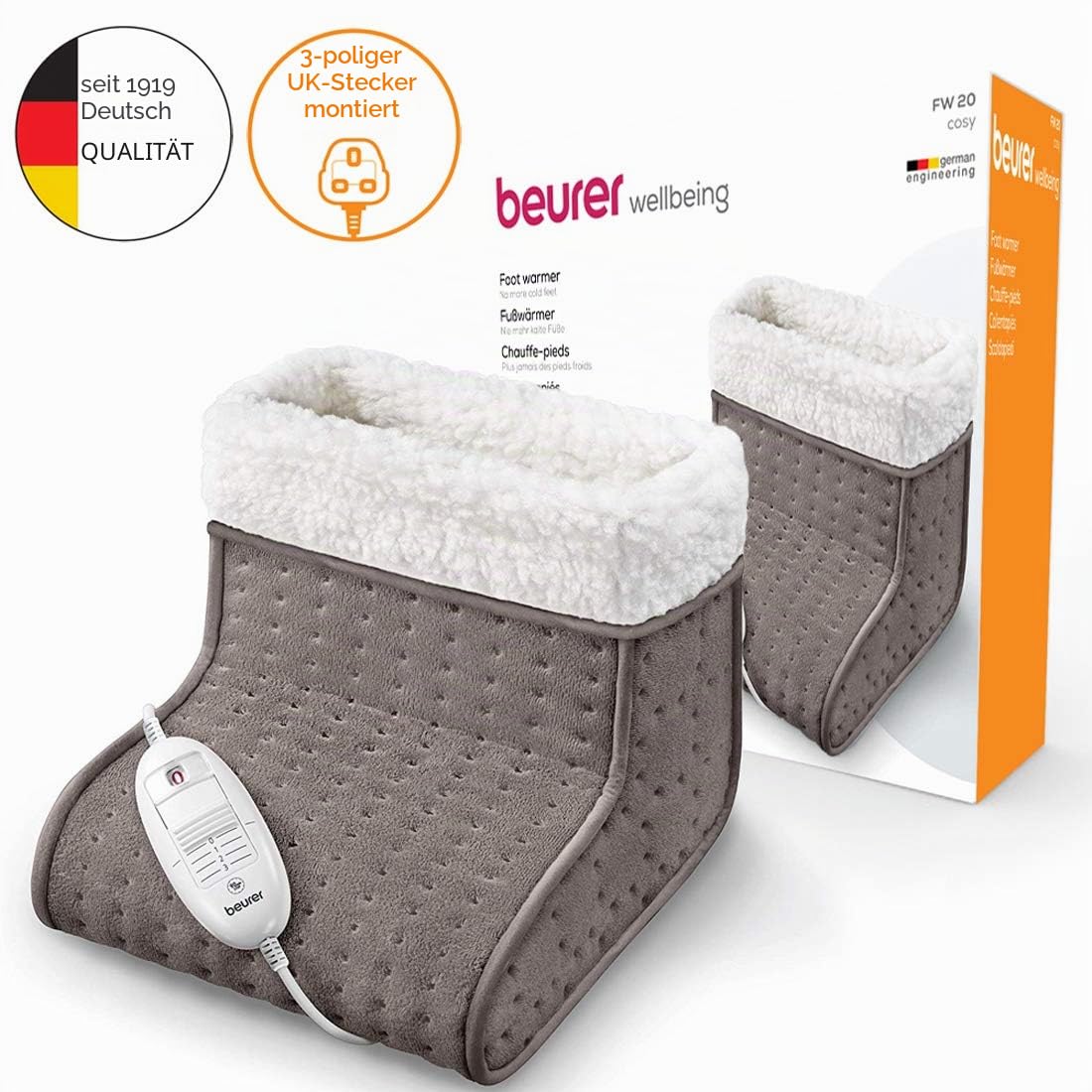 Beurer FW20UK Cosy Fußwärmer - Taupe | Elektrischer Fußwärmer für kalte Füße | 3 Temperaturstufen | Kuscheliges Teddyfleece-Futter | weich und atmungsaktiv | geeignet bis Schuhgröße 47 | waschbares