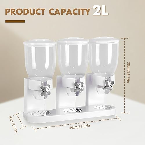 Miniatura 2 de Dispensador de cereales para encimera, dispensador triple indispensable de alimentos secos de 2 litros, contenedor organizador de aperitivos para