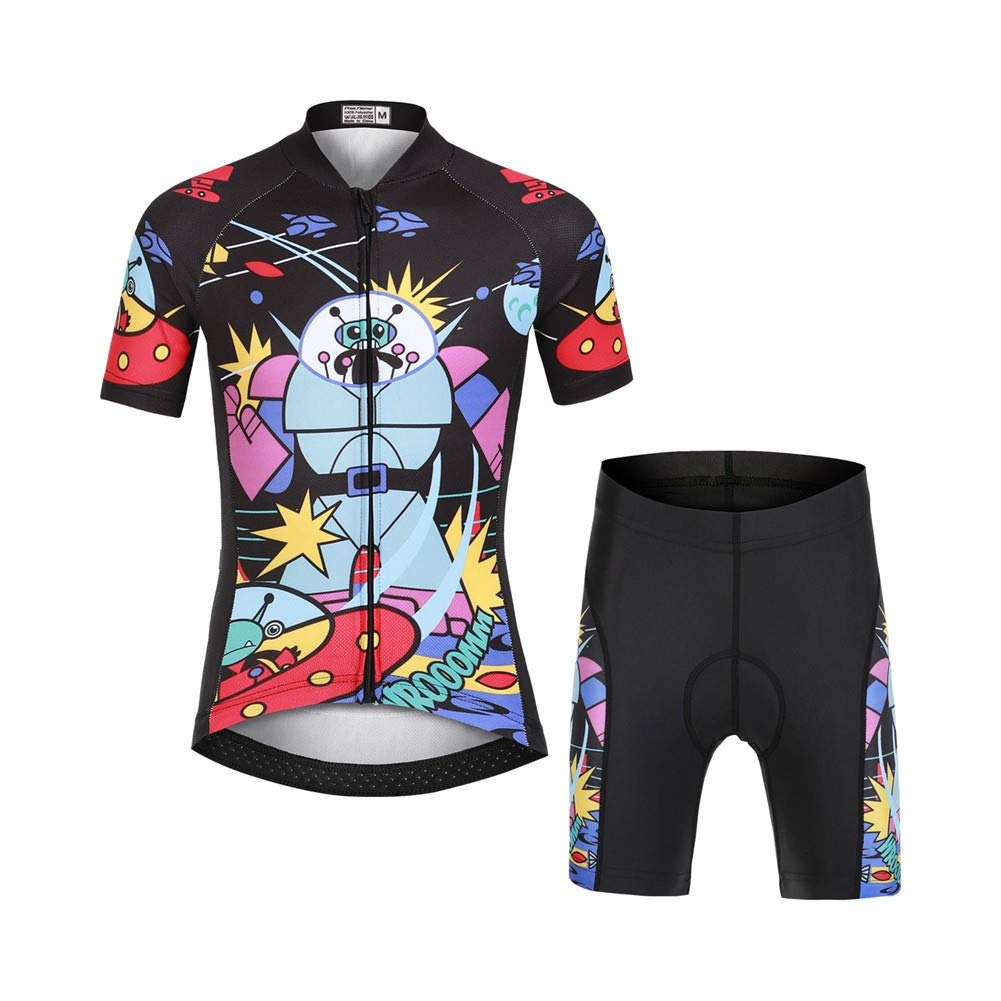 Kinder Jungen Radtrikot Set, Mädchen Radbekleidung Anzüge, Quick Dry Radsportanzug, Fahrradtrikot Kurzarm und 3D Sitzpolster Radhose, Außerirdischer Krieg, 122/128(Herstellergröße: L)