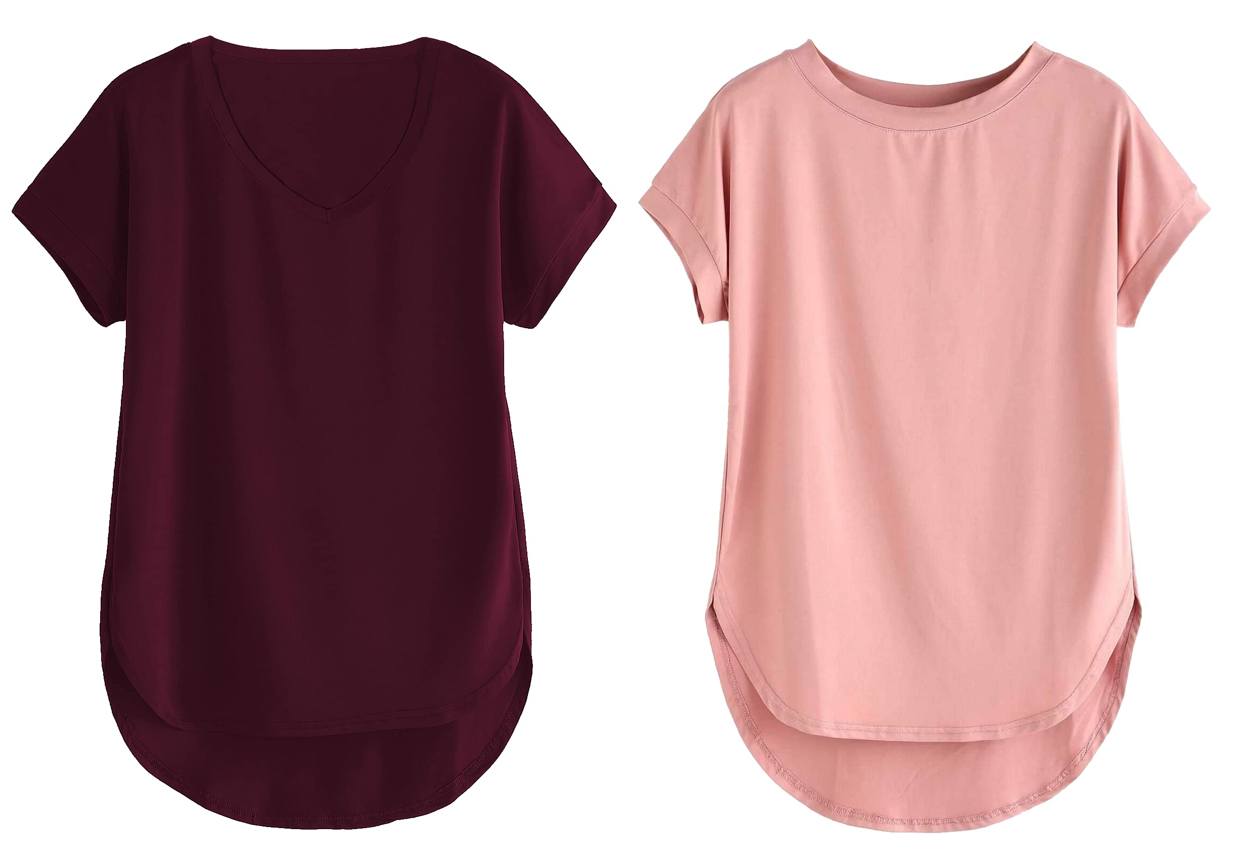 FabricornCombo of Plain Wine V-Neck and Dusty Rose Round Neck Up and Down Cotton Tshirt for Women (Wine and Dusty Rose, Large)