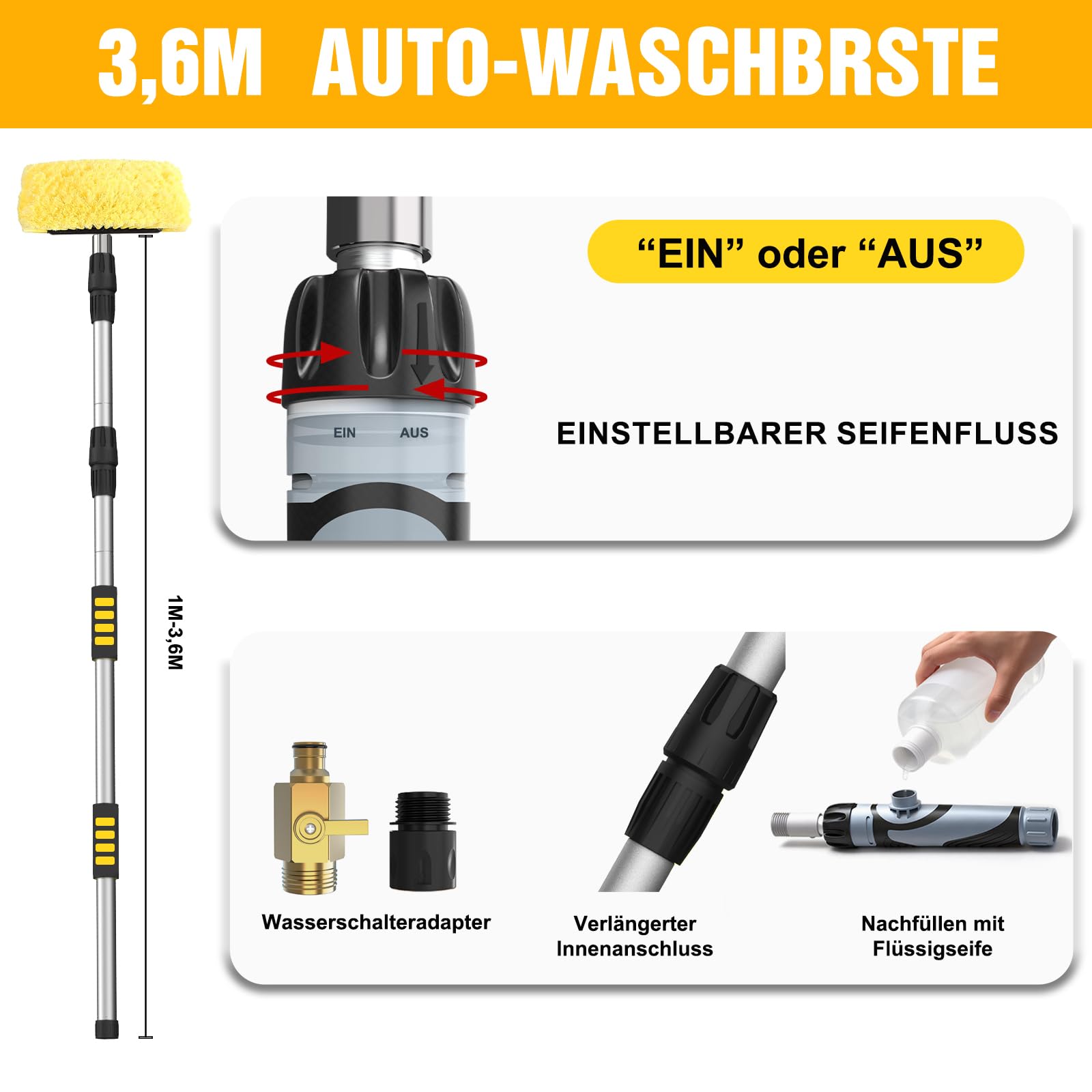 LAANPOLE 3,6m Teleskop-Waschbürste mit Seifenspender & 3,6m Autowaschset – Auto Waschbürste mit 30cm weichen Borsten + Waschset mit Fensterabzieher, Mikrofaser-Mopp, Mitt, Radbürste