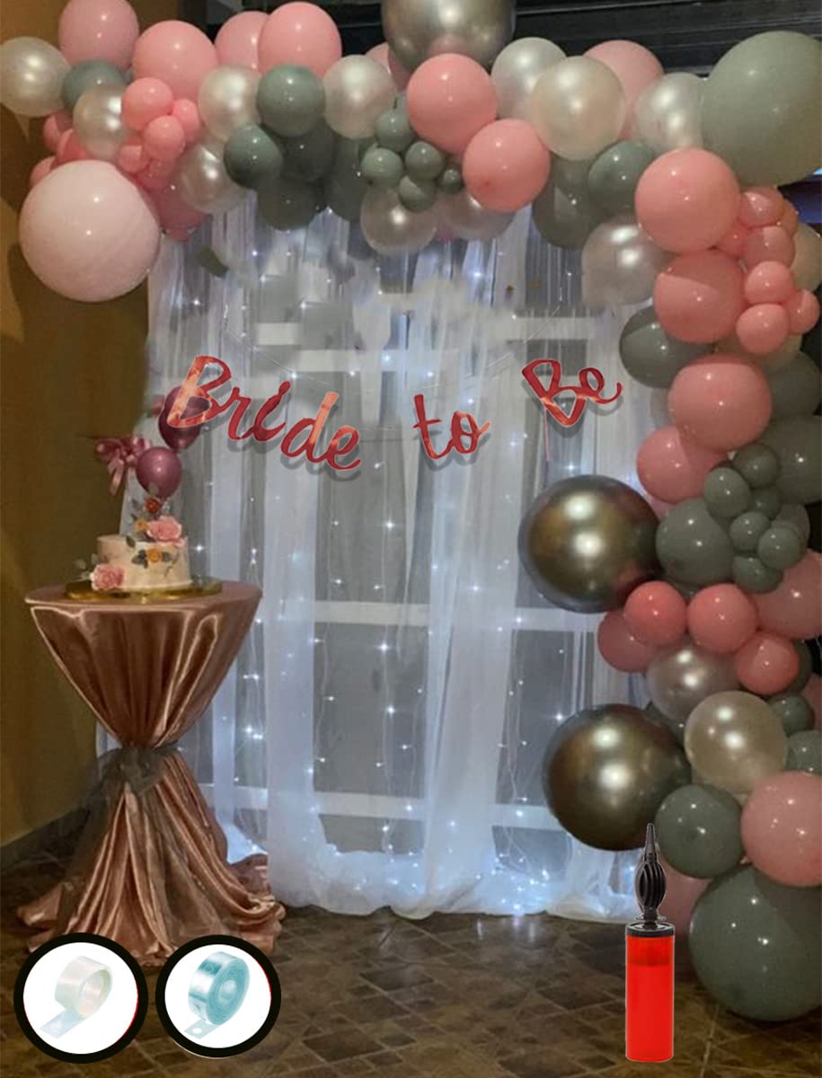 Hemito Bride To Be Decoration Set Combo/bachelorette party decoration 72 Pcs Bride To Be Decoration White Net Curtains LED Metallic Balloons For Cabana Tent Decoration (Pink Silver White Curtain)