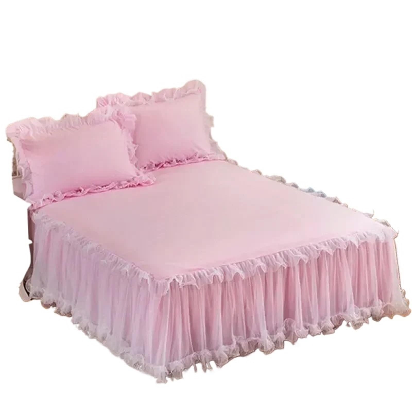 Bed Skirt 3 Pink Lace Bed Skirts Ruffle Edge Mesh Protective Bedspread Thickened Anti Slip And Dustproof Sheets And Pillowcases(Color 3,150x200cm 3pcs)