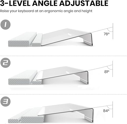 Miniatura 5 de Klearlook - Soporte para teclado ajustable con inclinación ajustable, elevador de teclado acrílico con reposamuñecas y bandeja de almacenamiento,