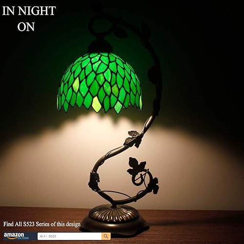 Miniatura 7 de WERFACTORY Tiffany - Lámpara de estilo glicina verde para mesa de vidrio, luz de lectura, base de hoja de metal de 8 x 10 x 21 pulgadas, decoración