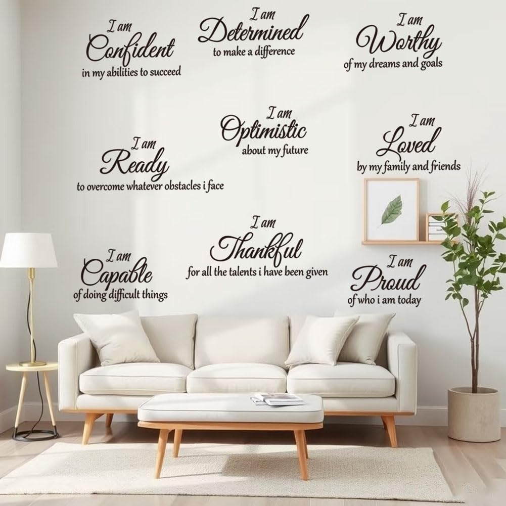 9 Pcs Inspirational Quotes Wall Stickers Decor Black Motivational Wall Decal Stickers Art Peel and Stick Vinyl Positive Wallpaper for Living Room Bedroom Office Nursery Restaurants Offices.