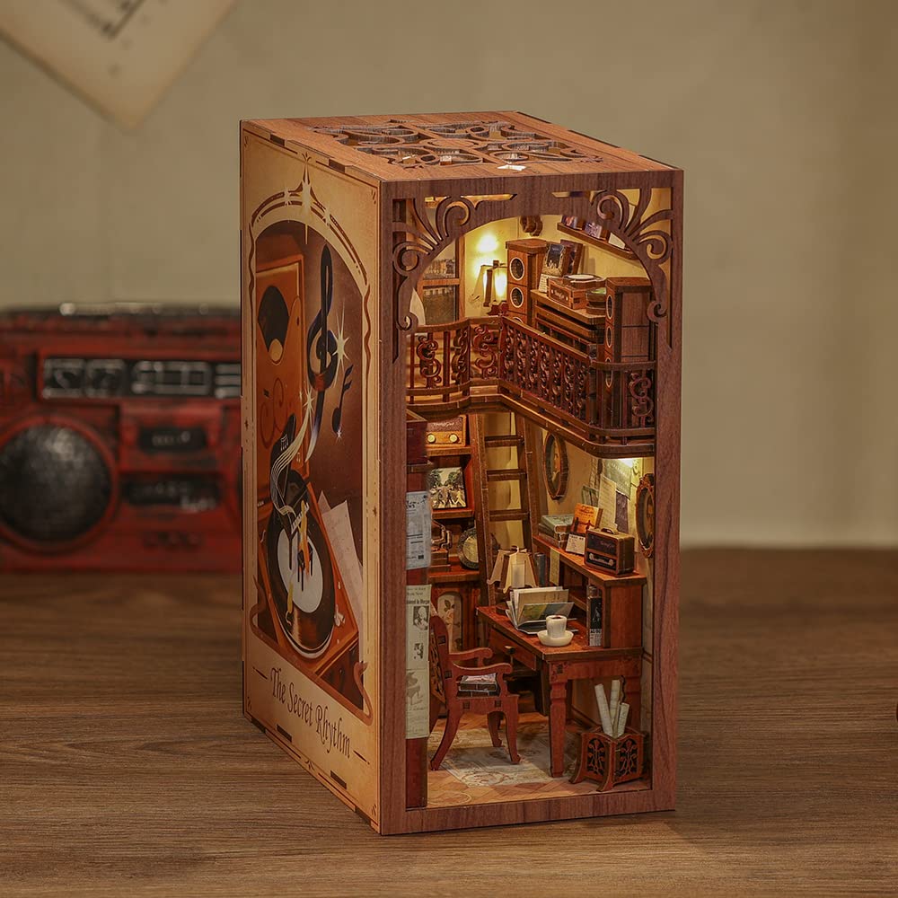 CUTEBEE DIY Book Nook Kit - Case in miniatura da costruire con mobili e luce LED, puzzle 3D fermalibri in legno artistico, modello per adulti, The Secret Rhythm