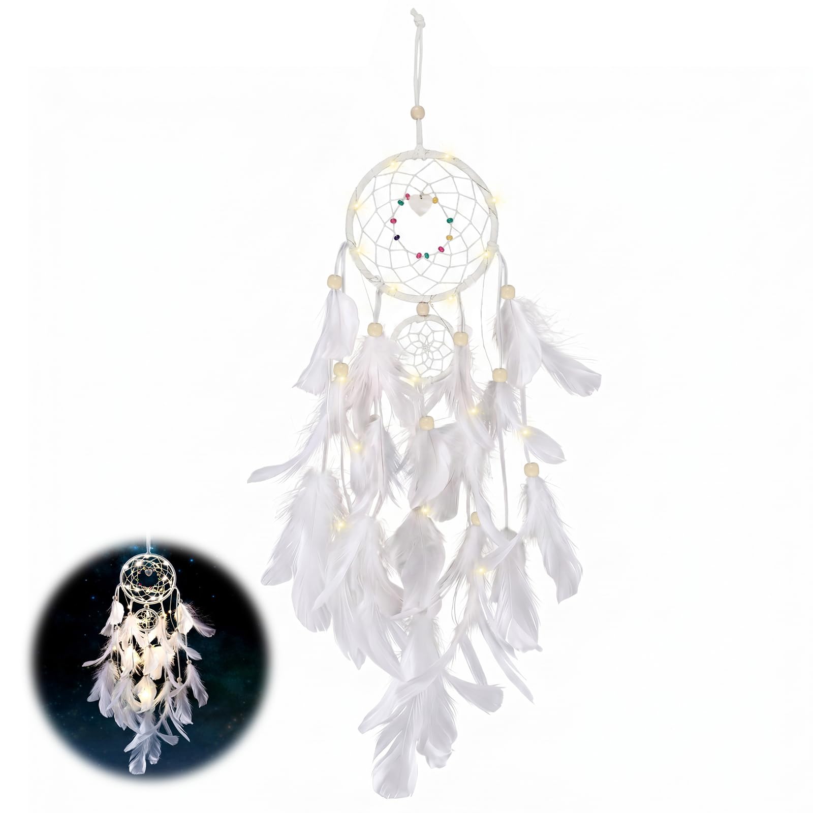 Capteur De Rêves en Plumes Lumineux Attrape Rêve Rétro Décoratif Avec Lumières LED Pour Chambre