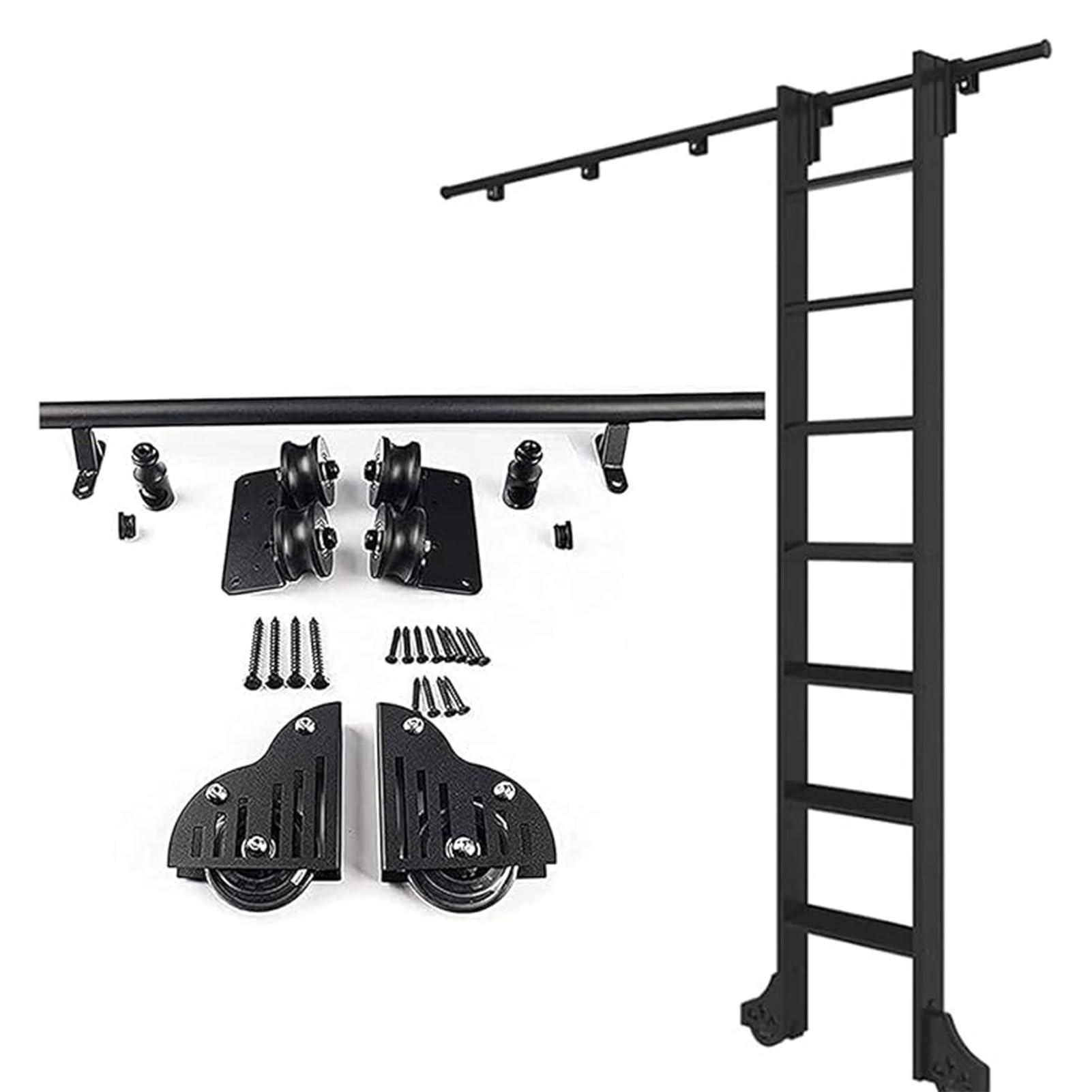 OOPDNEGAK Sliding Barn Door Track Hardware, Sliding Library Ladder Hardware Kit With Rolling Track Rail And Floor Roller Wheels For Indoor Mobile Ladders(Black,500cm(16.4 ft) track)
