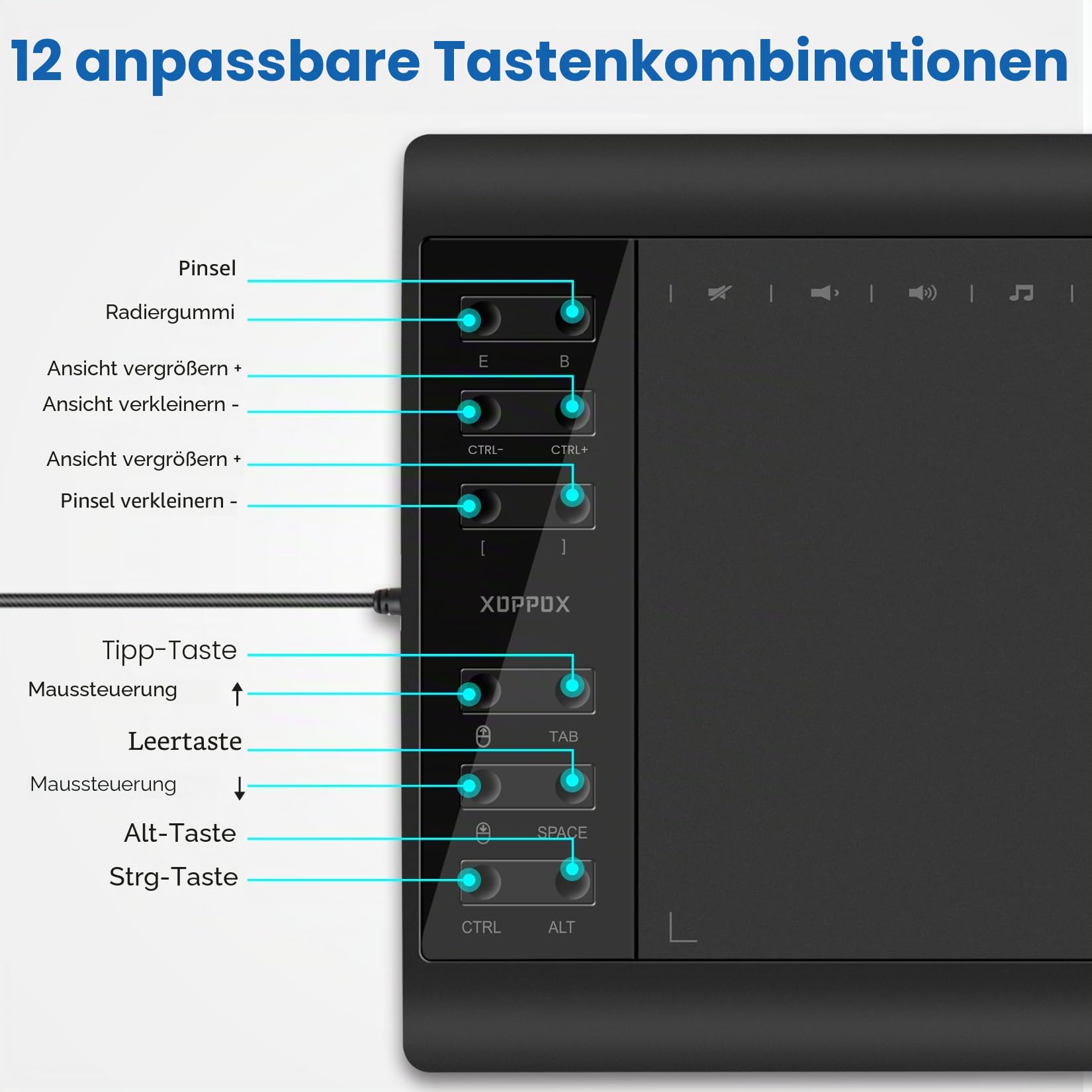 Grafik-Zeichentablett, 25,4 x 15,2 cm, großer aktiver Bereich mit Stift ohne Akku, 8192 Stiftdruckstufen und 12 Shortcut-Tasten, kompatibel mit PC/Mac/Android für die