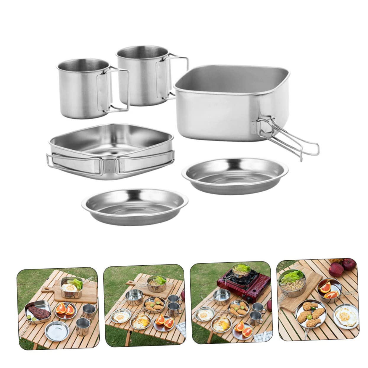 POPETPOP Set de Casserole Pliable Portable en Acier Inoxydable pour Camping | Poêle et Assiettes Rondes, Gobelets Inclus, Format Léger à Emporter pour Randonnée et Pêche