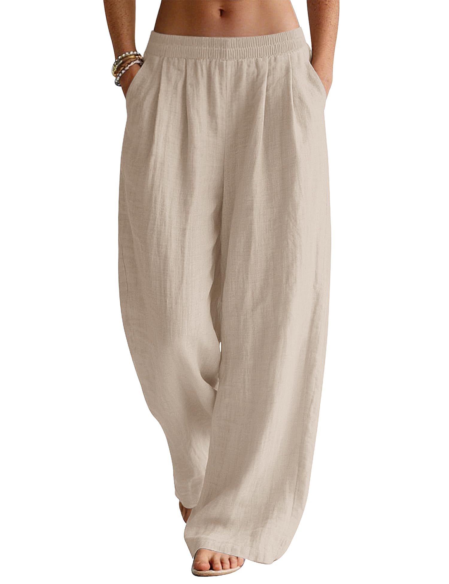 Rapbin Leinenhose Damen Sommer Hose Casual Strandhose Weite Bein Freizeithose Elegant Einfarbig Sommerhose Leichte Leinen Stoffhose mit Taschen