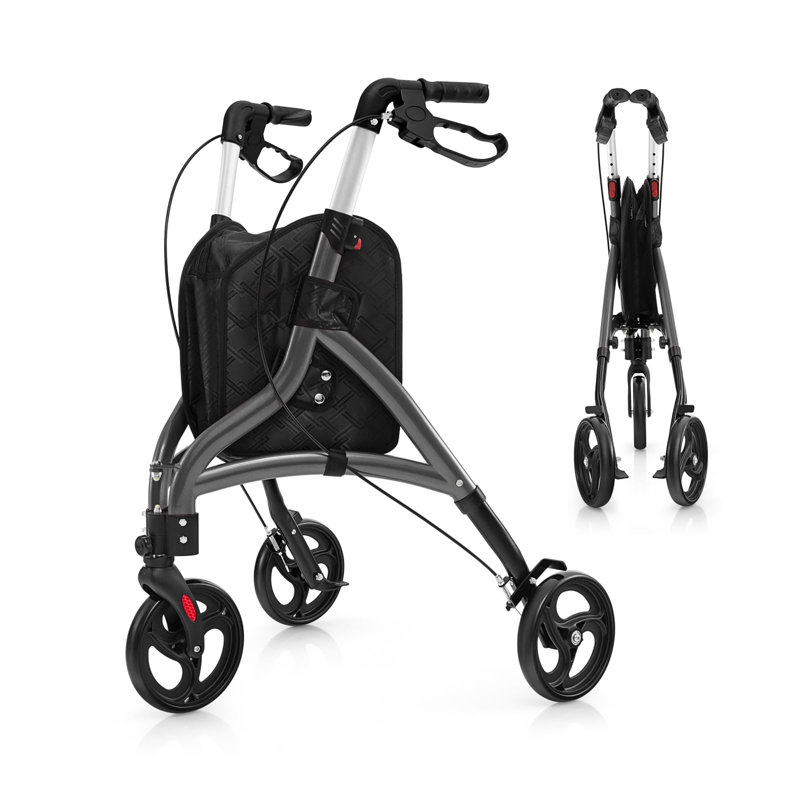 GOPLUS Andador para Ancianos Plegable, Andadores Adultos de Aluminio Ligero con 3 Ruedas para Todo Tipo de Terreno, Caminadores para Mayores con Altura Ajustable y Bolsa de Almacenamiento (Gris)