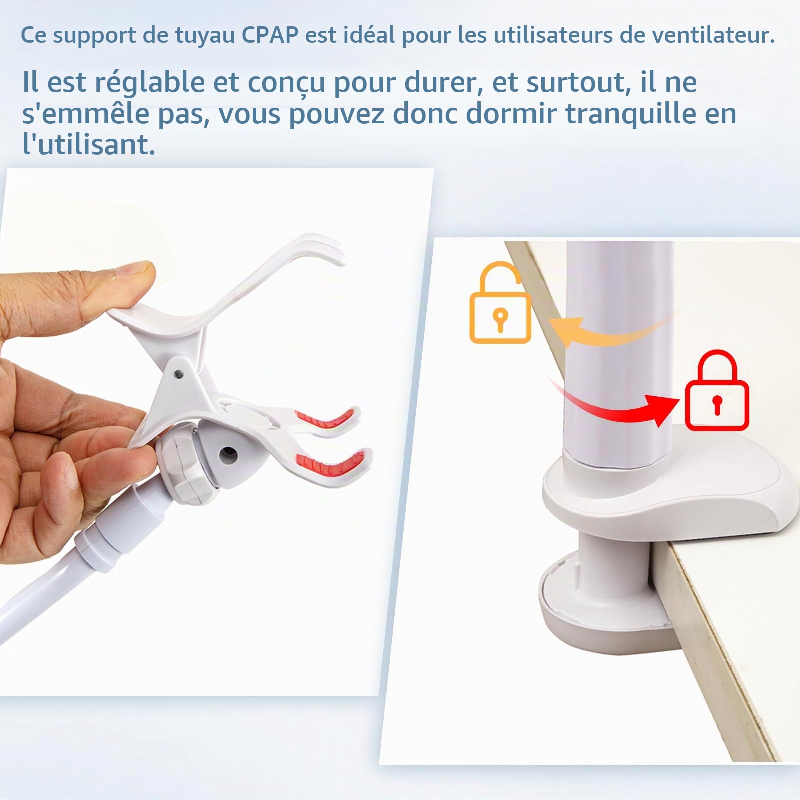 CPAP Support de tuyau, rotation à 360°, levier de tuyau CPAP et support de tuyau, crochet de suspension pour prévenir les fuites et l'enchevêtrement, appareil d'apnée du sommeil CPAP (blanc)
