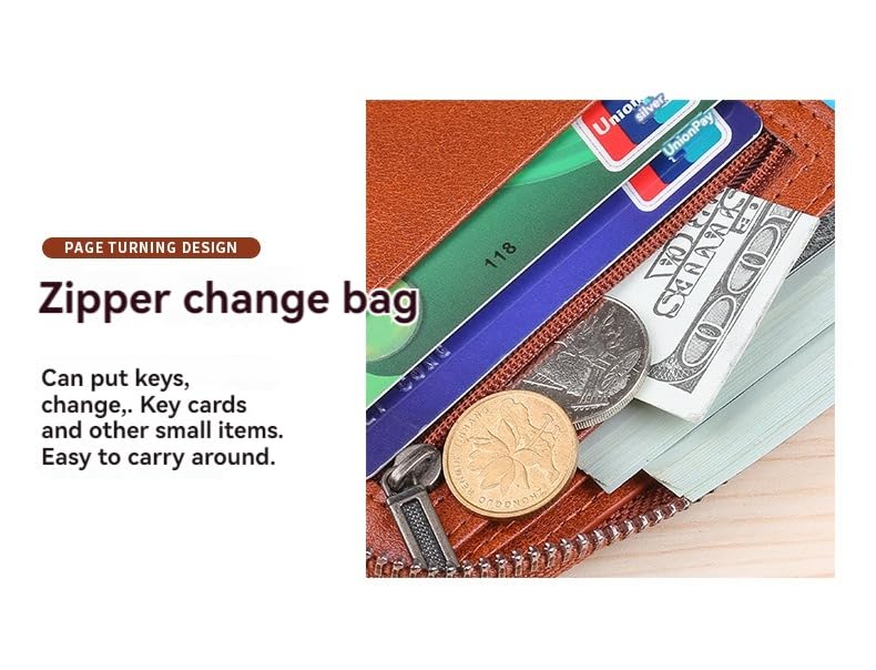 Mens Genuine Leather Zipper Wallet RFID Secure Large Capacity Double Fold Multi-card Leather Wallets for Men and coin purse,Brown3