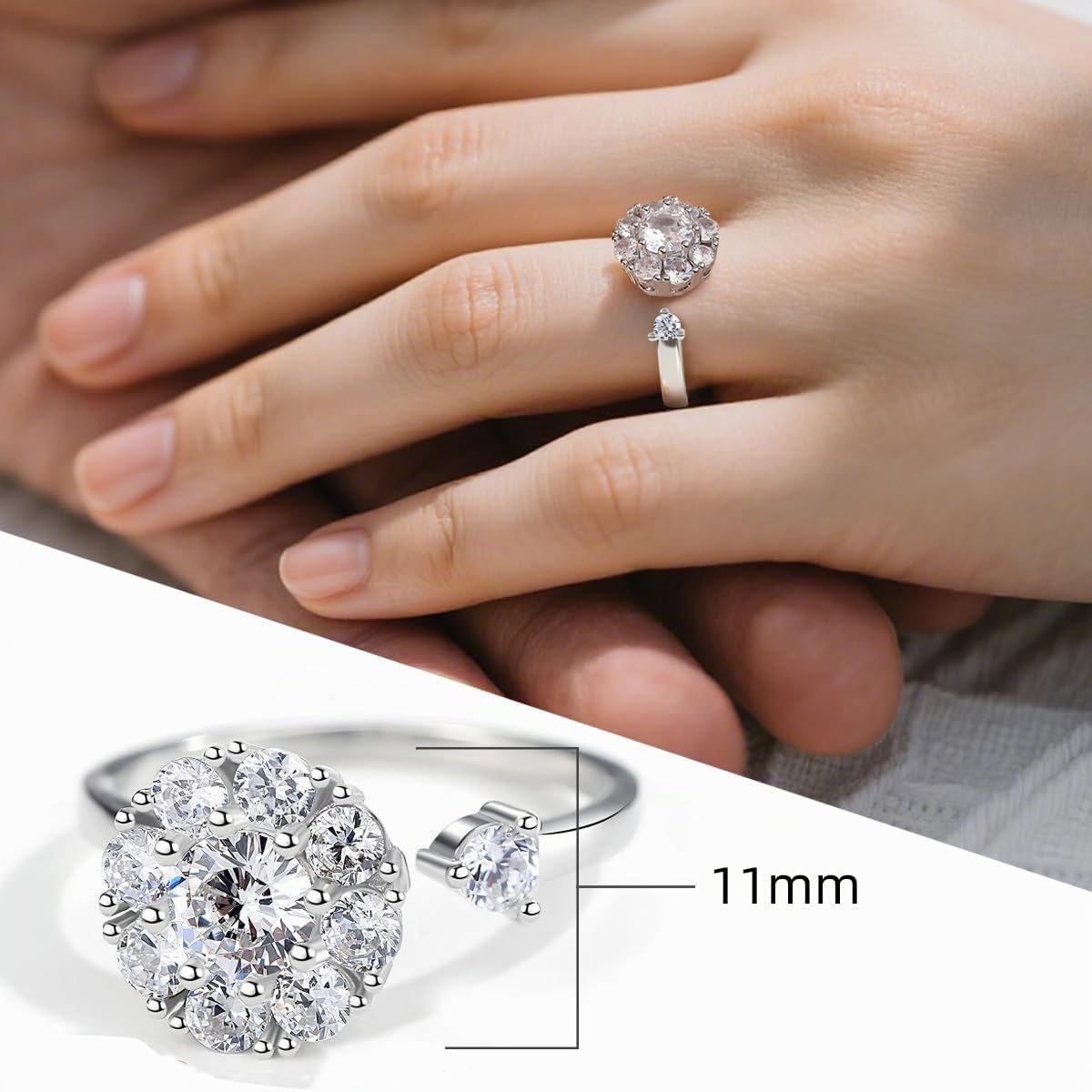 FEIKFEIZ Damen-Moissanit-Ring, 925er Silber mit 18K Weißgold plattiert, im Labor gezüchteter Moissanit-Diamant, verstellbarer Silberring mit offenem Design, Verlobungsring, Schmuckgeschenk.