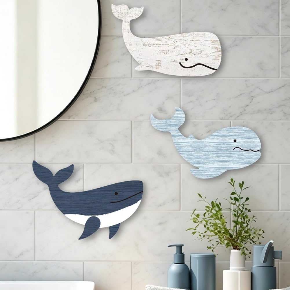 PRESSINART 3 Pcs Wooden Whale Wall Decor Ocean Wall Sculptures Whale Ocean Theme Hanging Art Sign for Lake House Restaurants Shop Bedroom Bathroom Dining Room Kitchen Home Office Garden Decorations