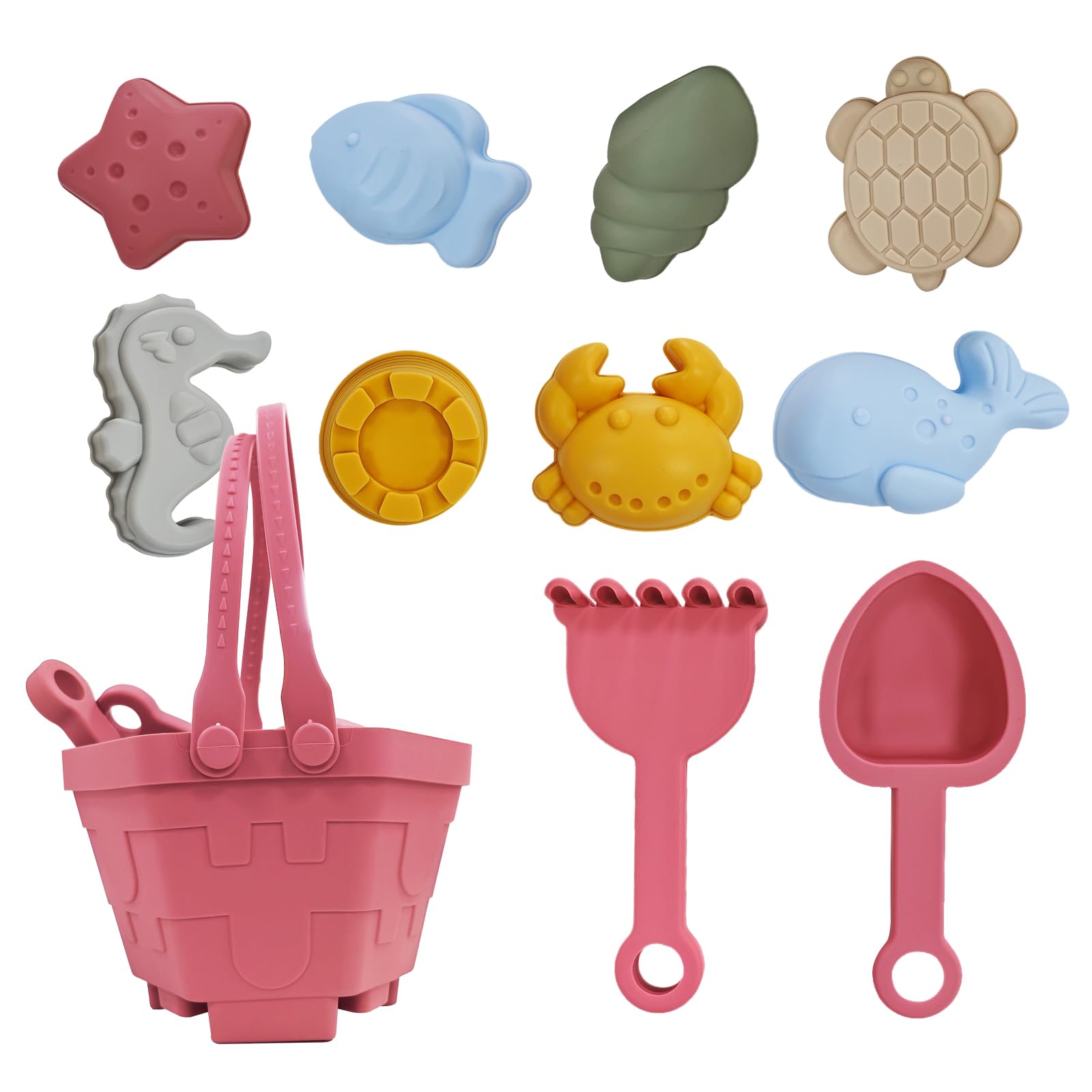 Juguetes Playa, 11 Piezas Juguetes de Arena de Playa Silicona, Juguetes Playa Bebe, Juguetes Playa Niños con Cubo, moldes de Arena,Juguete de Exterior Regalo para Niño Niña