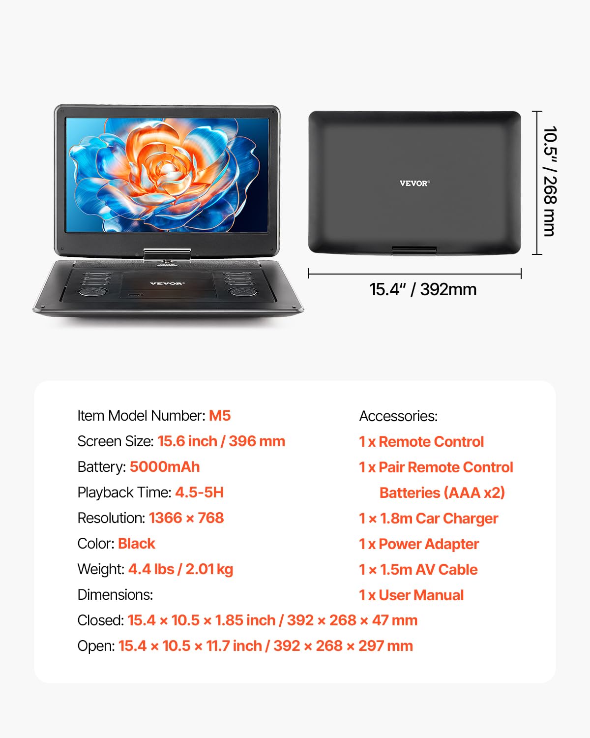 VEVOR tragbarer DVD-Player mit drehbarem HD-Bildschirm (396 mm), eingebauter Akku mit 4,5-5 Std. Laufzeit, 2 Lautsprecher, unterstützt Synchronisierung von TV/USB/SD-Karte/CD/DVD, Autoladegerät