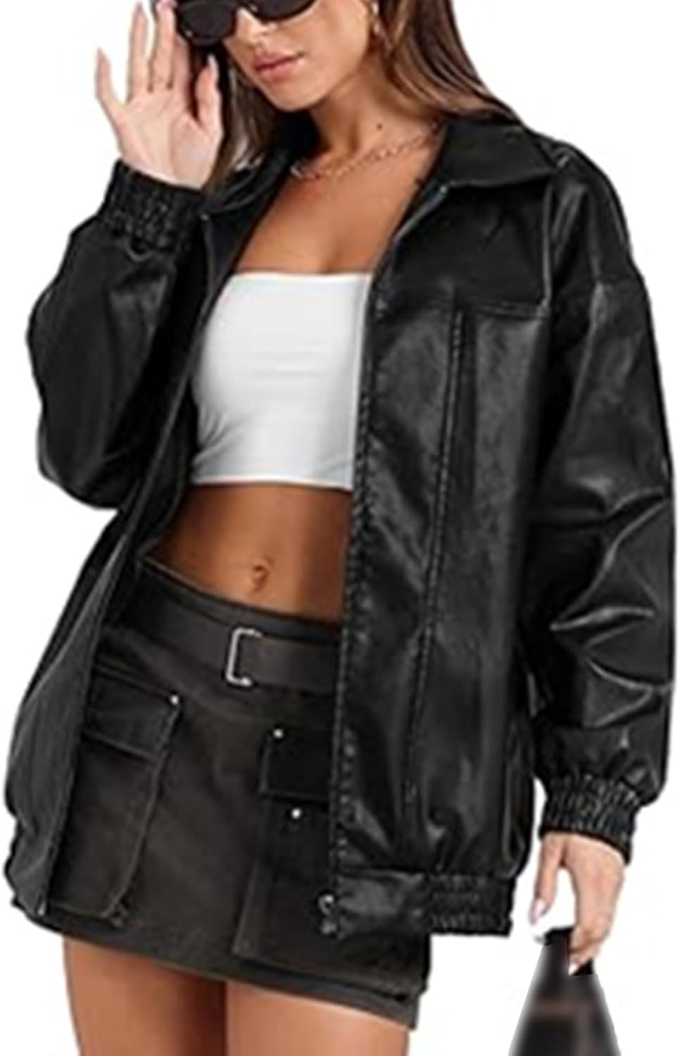 xxxiticat Women's PU Leather Jacket Long Sleeve Turn Down Collar Zipper Faux Leather Windbreaker Bomber Coat Outerwear - Image 2