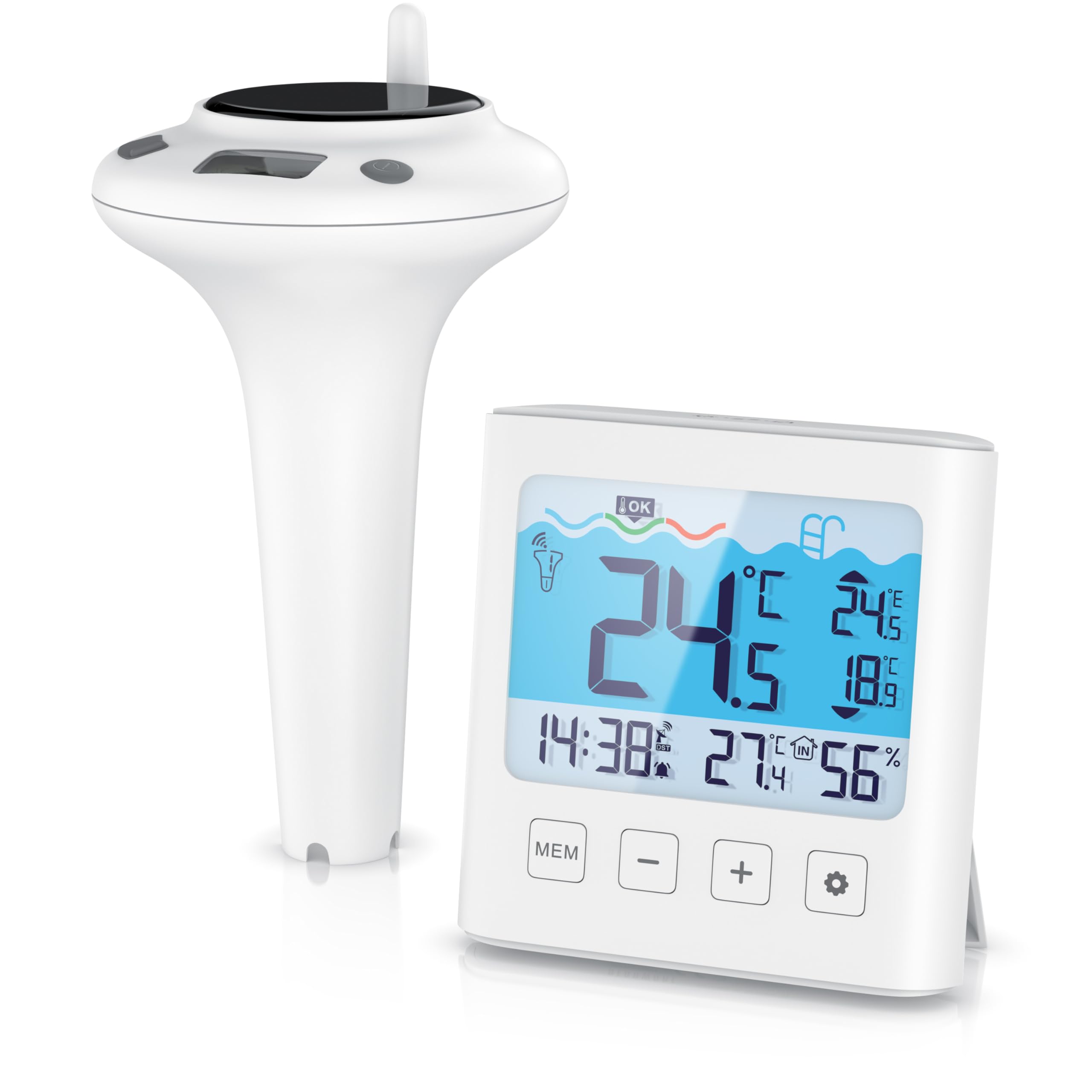 CSL – Funk Poolthermometer mit Display – Solar - Temperaturanzeige – Luftfeuchtigkeit – Innen- & Außentemperatur - Pool Schwimmbecken Schwimmbad Whirlpool - Pool Thermometer