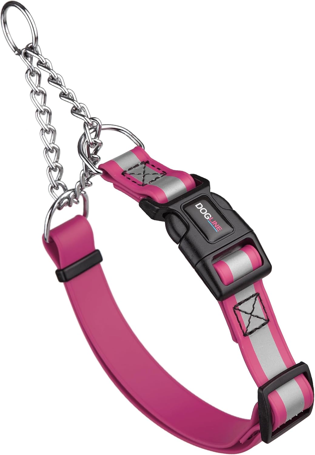 Dogline Reflective Martingale Collar for Dogs with Quick Release Buckle – Biothane Dog Collar with Herm Sprenger Assembly Chain – Waterproof No Pull Dog Collar, L 14”-20”, Passionfruit Pink