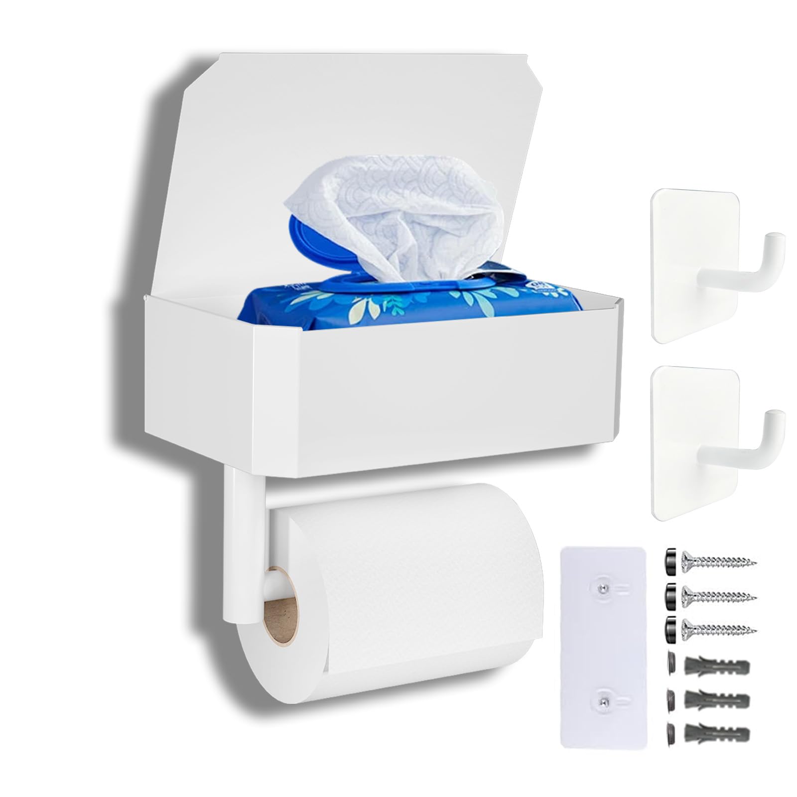 AZOMKER Toilettenpapierhalter, Klopapierhalter Ohne Bohren, Weiss, Feuchttücherbox