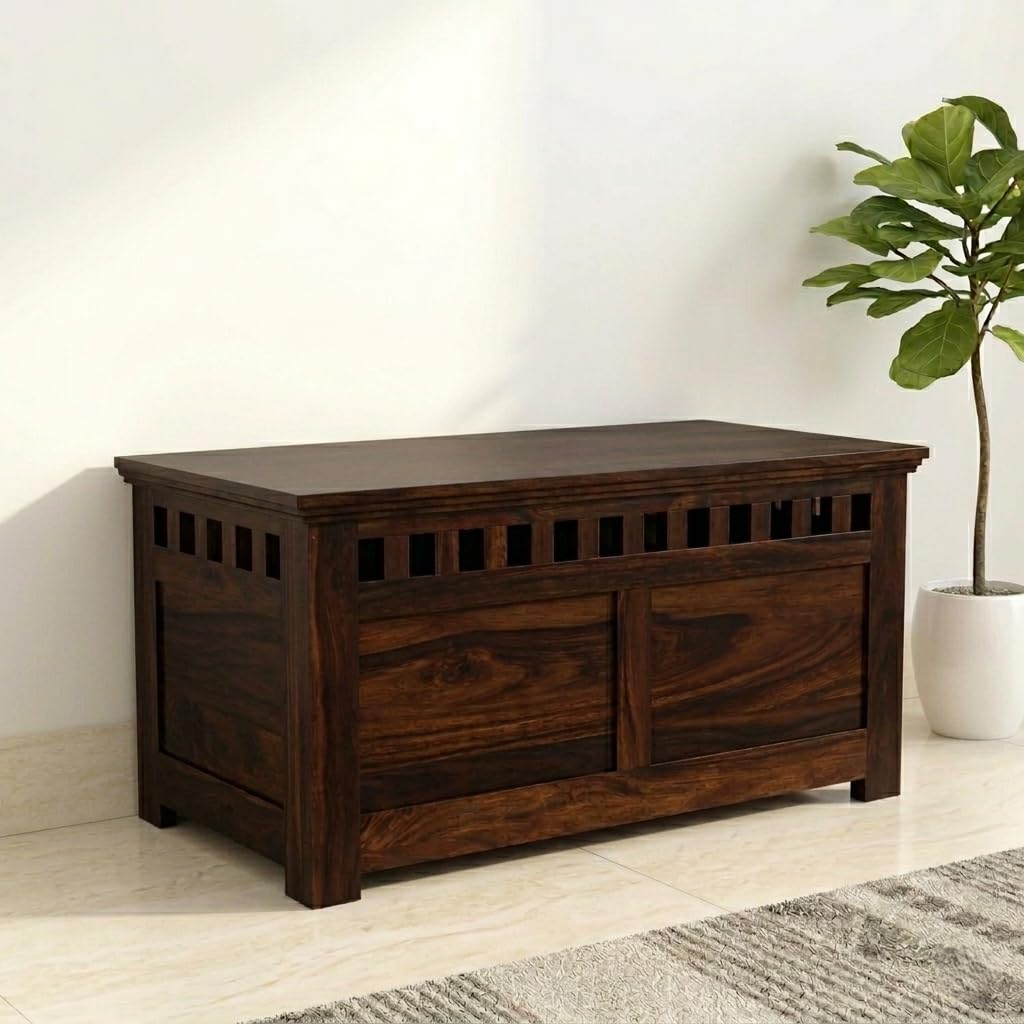 Amazon Brand - Solimo Novae Solid Sheesham Wood Storage Trunk | Wooden Box Chest for Clothes Linen Storage for Bedroom Living Room and Home (Walnut Finish)-image-9