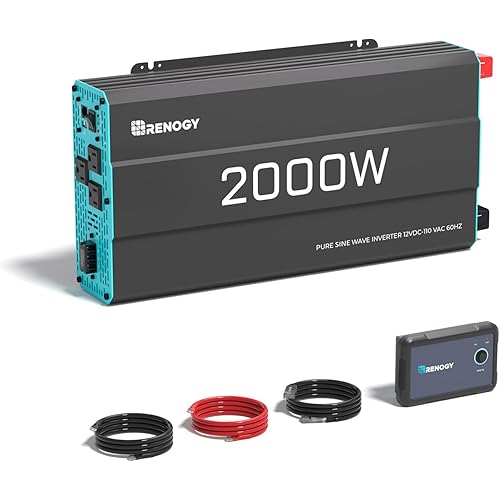 Renogy Inverter P2 2000 watt Pure Sine Wave Inverter, Solar Car Power Inverter 12V to 120V AC Converter for RV, Truck, Camping, Home Backup, Outdoor, Emergency, Off-Grid Living, 16.4FT Remote Control